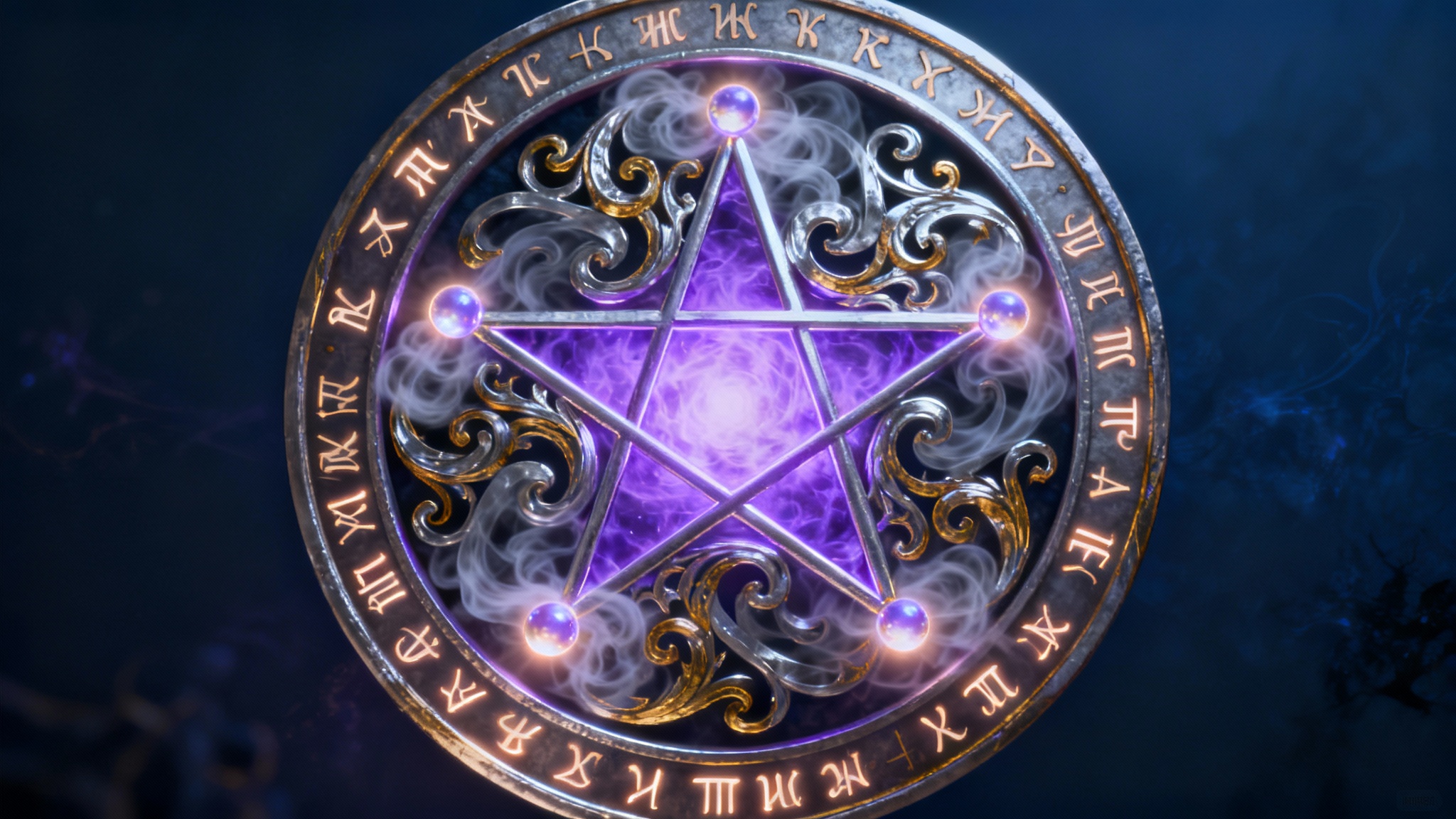 A professionally designed occult symbol in a 16:9 aspect ratio, featuring a glowing central pentagram surrounded by intricate swirling patterns and ancient runes on a dark, mystical background.
