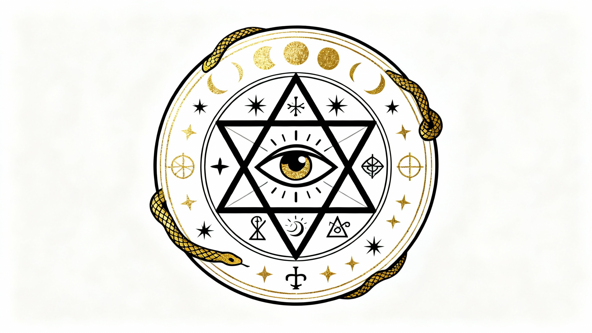 A modern, circular occult symbol in black and gold on a white background, featuring a central eye, a coiled serpent, and various geometric and celestial patterns.