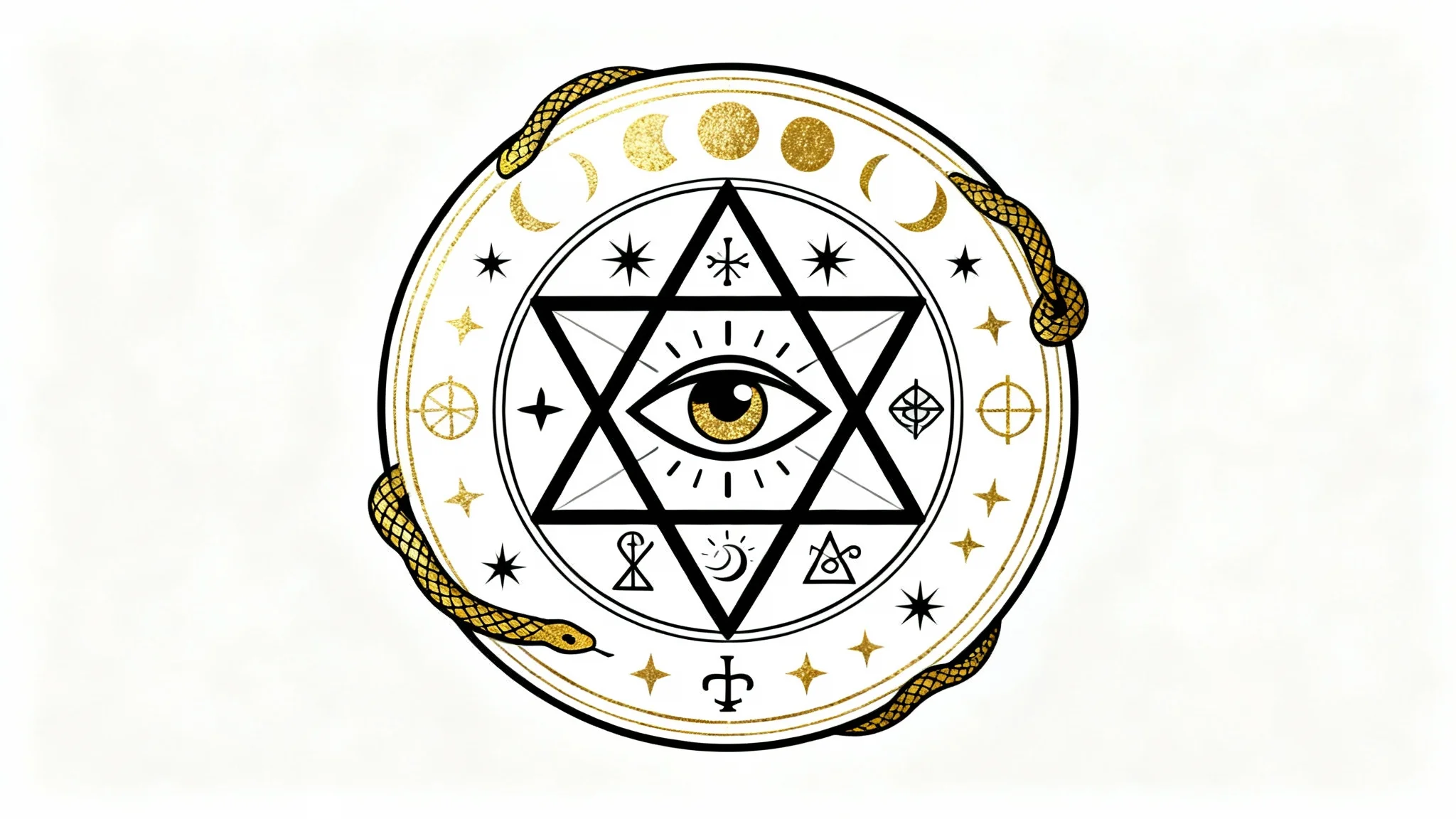 A modern, circular occult symbol in black and gold on a white background, featuring a central eye, a coiled serpent, and various geometric and celestial patterns.