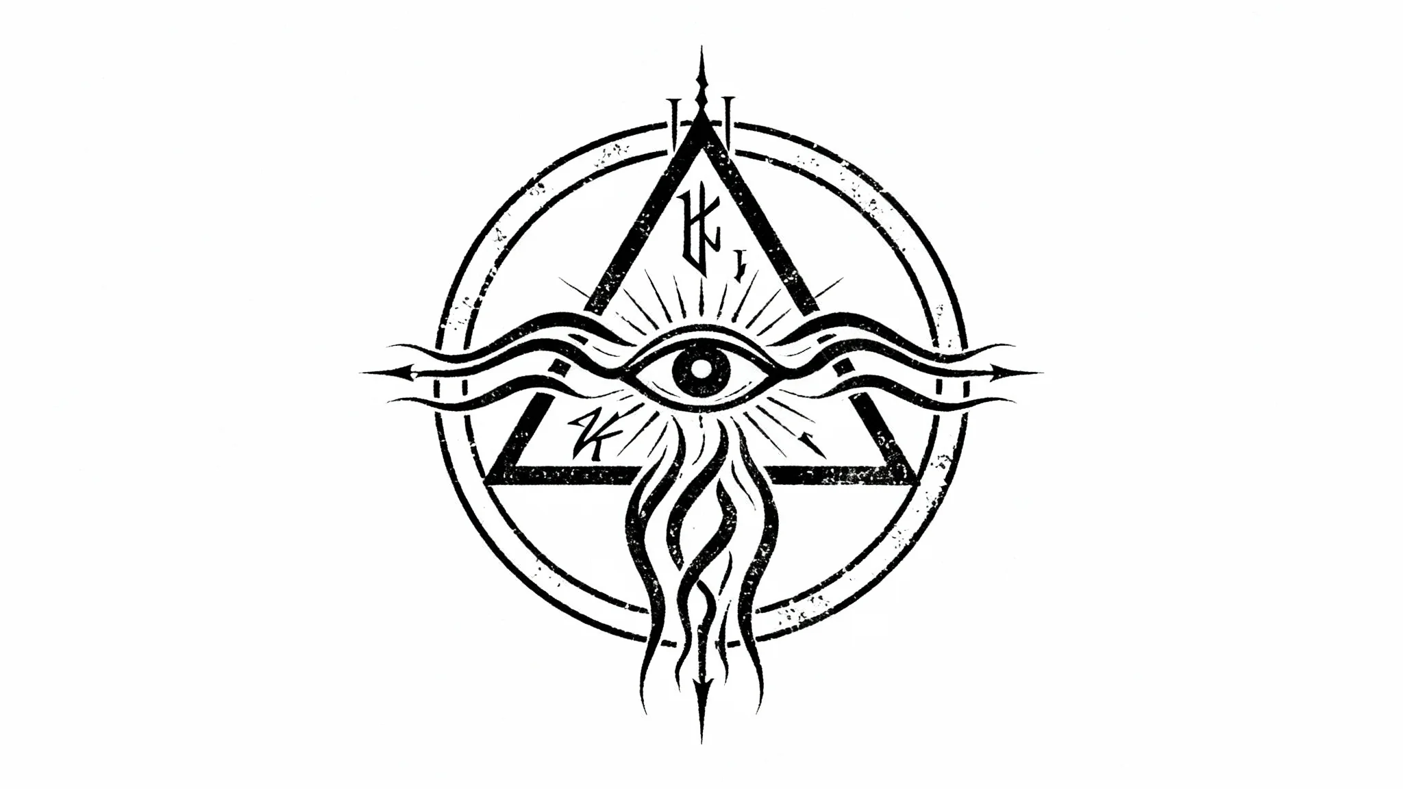An intricate, black, symmetrical occult symbol featuring an all-seeing eye, geometric shapes, and runic markings, isolated on a plain white background.