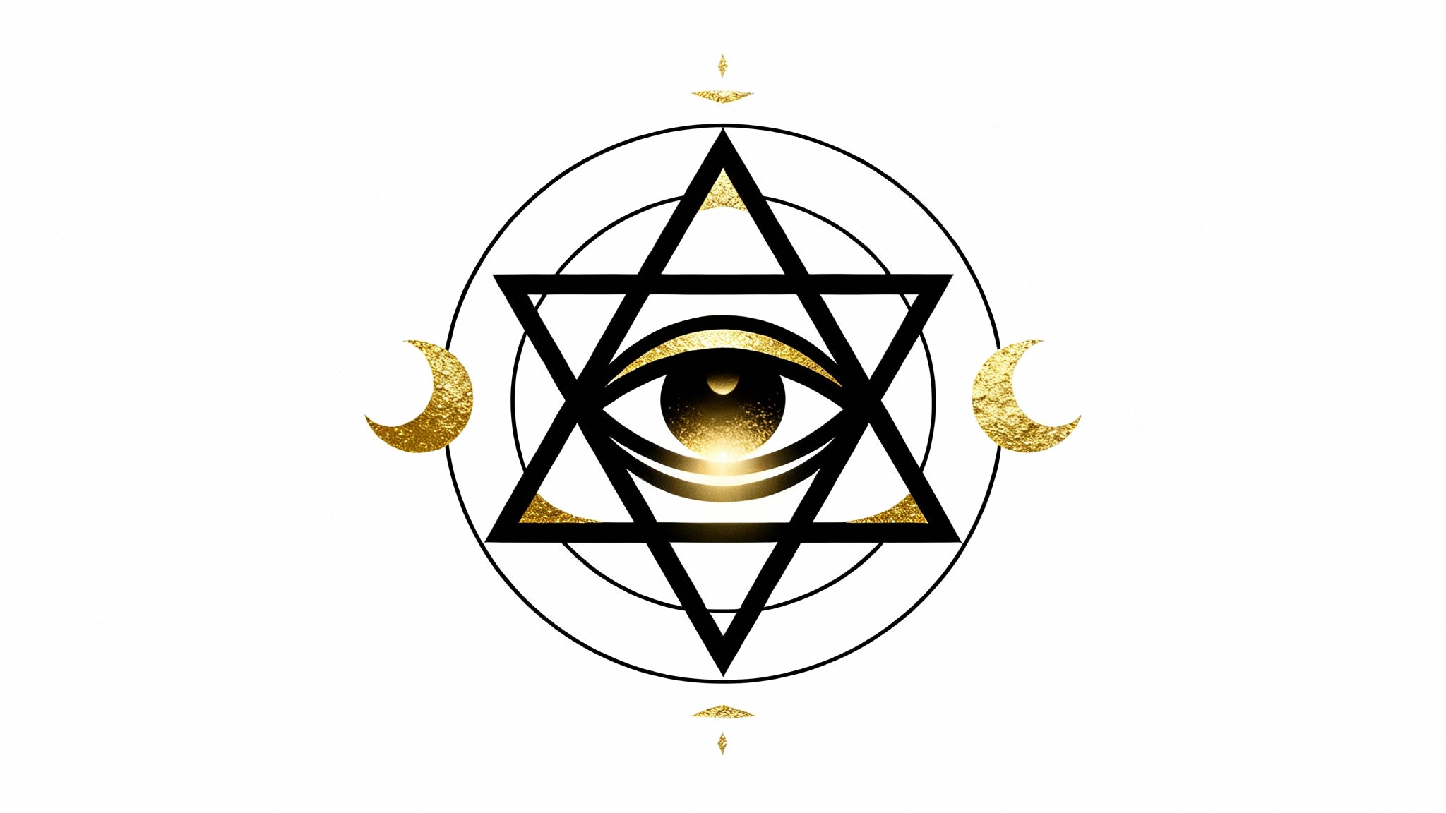 An intricate, symmetrical occult symbol in black and gold on a white background, featuring a central eye surrounded by geometric shapes and a crescent moon.