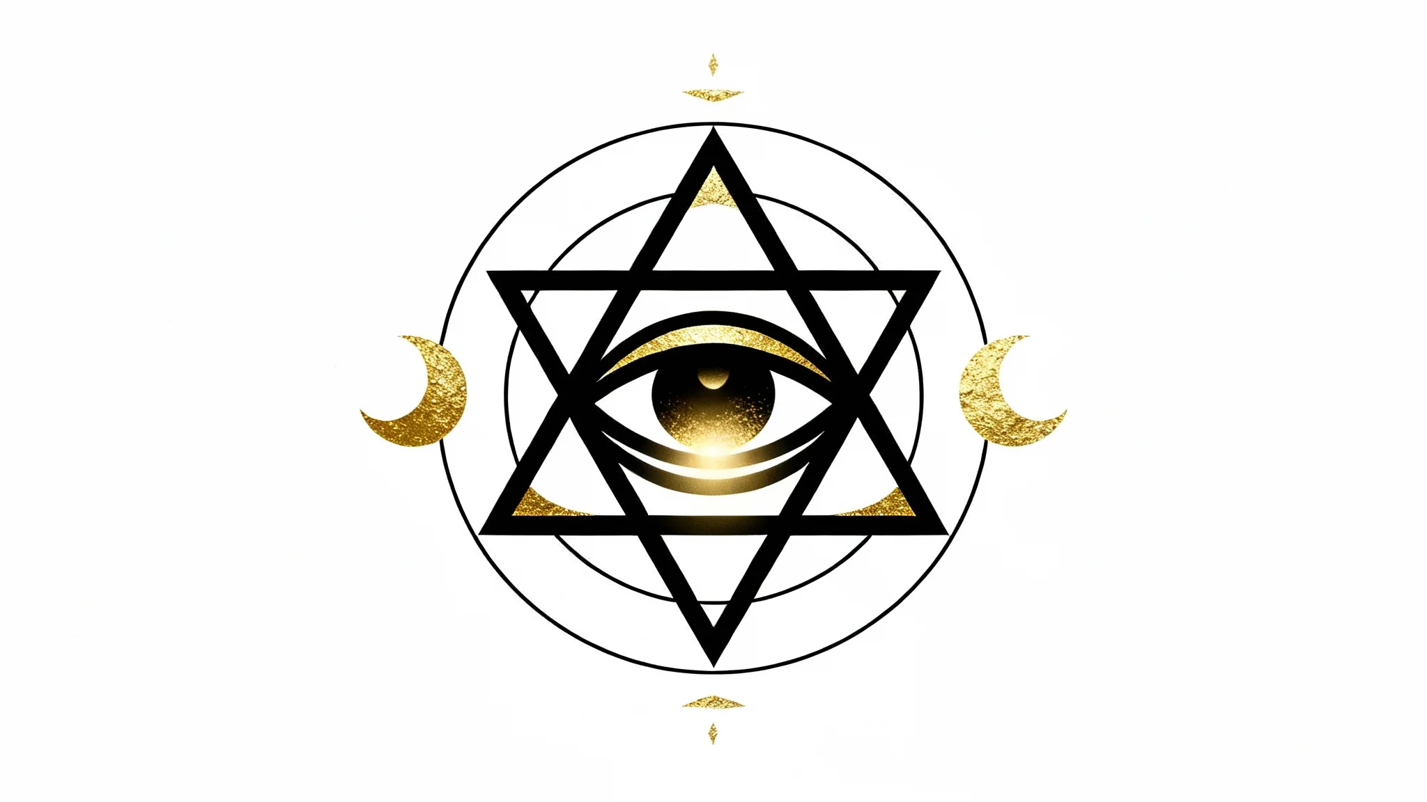 An intricate, symmetrical occult symbol in black and gold on a white background, featuring a central eye surrounded by geometric shapes and a crescent moon.