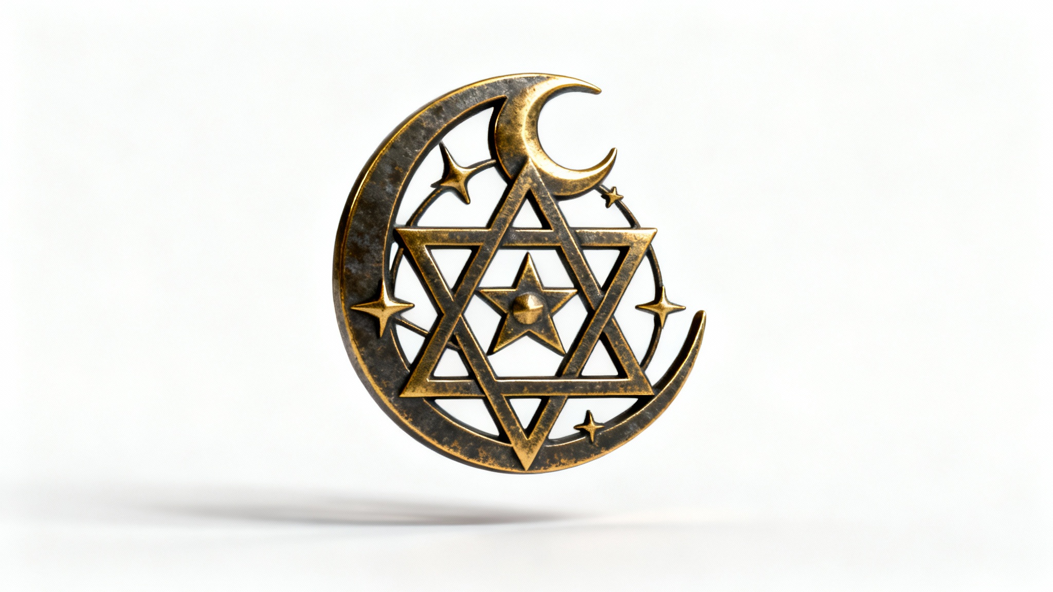 A detailed mockup of a complex, symmetrical occult symbol made of aged brass and gold, casting a soft shadow on a pure white background.