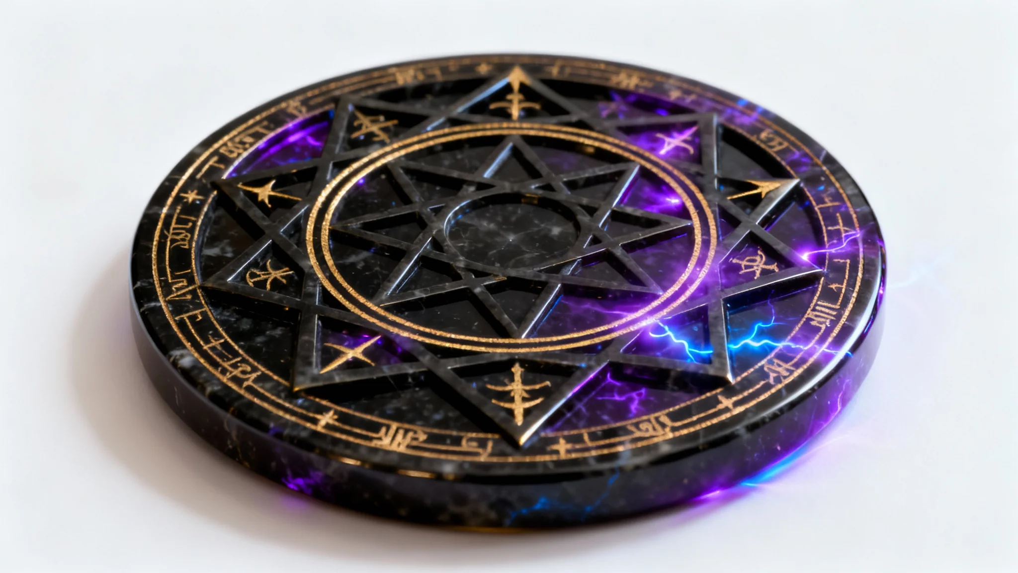 An intricate occult symbol made of dark metal and glowing gold lines, radiating a soft purple and blue light, presented on a clean white background.