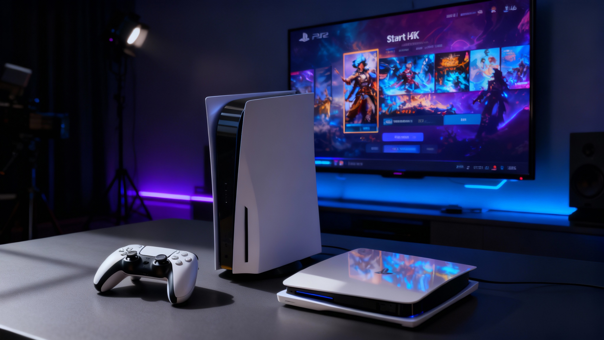 A professional hero image mockup of a PlayStation 5 console and controller, set in a futuristic room with blue and purple lighting, with a TV screen displaying a fictional game.