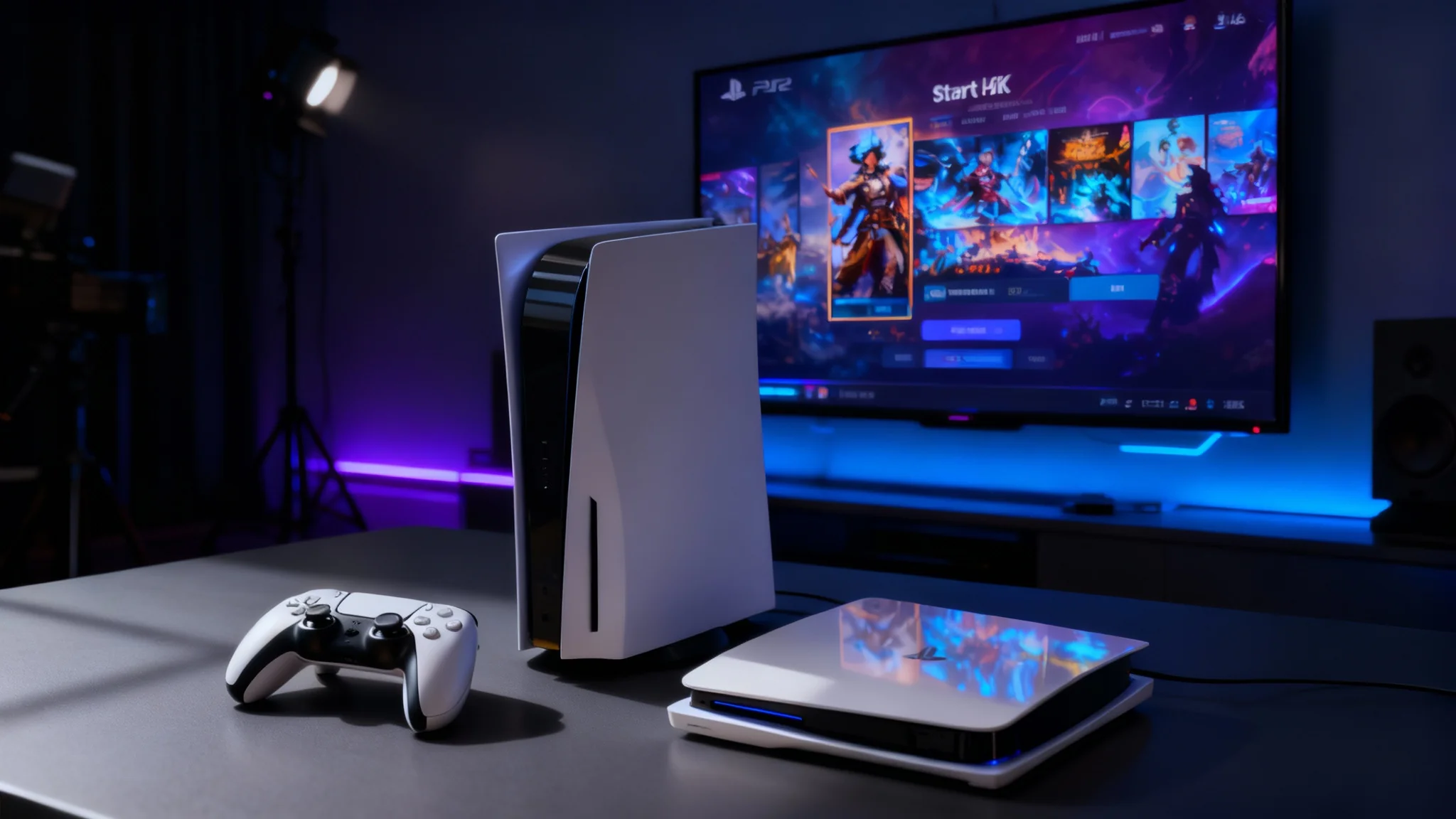 A professional hero image mockup of a PlayStation 5 console and controller, set in a futuristic room with blue and purple lighting, with a TV screen displaying a fictional game.