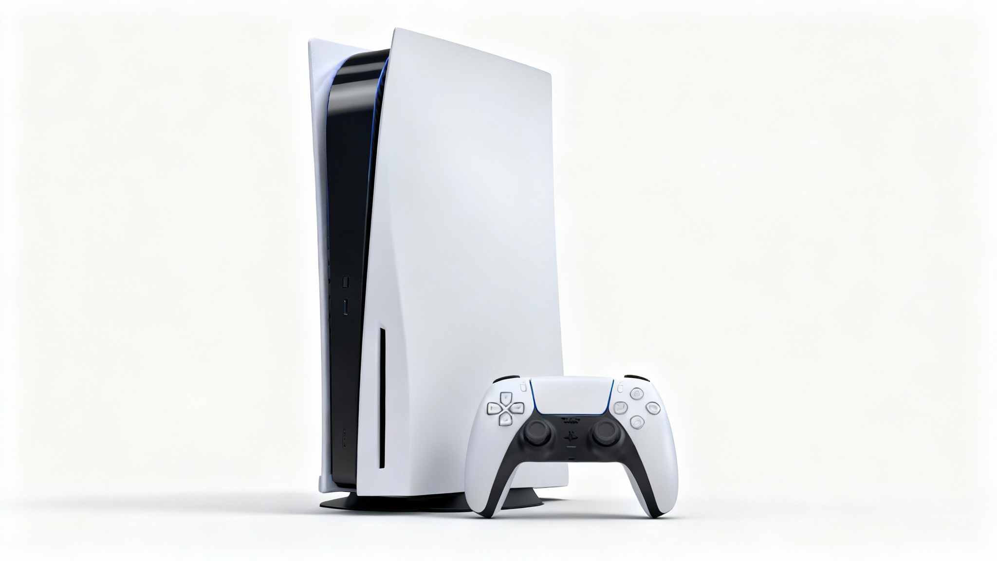 A photorealistic studio mockup of a PlayStation 5 console standing vertically next to a DualSense controller on a clean white background.