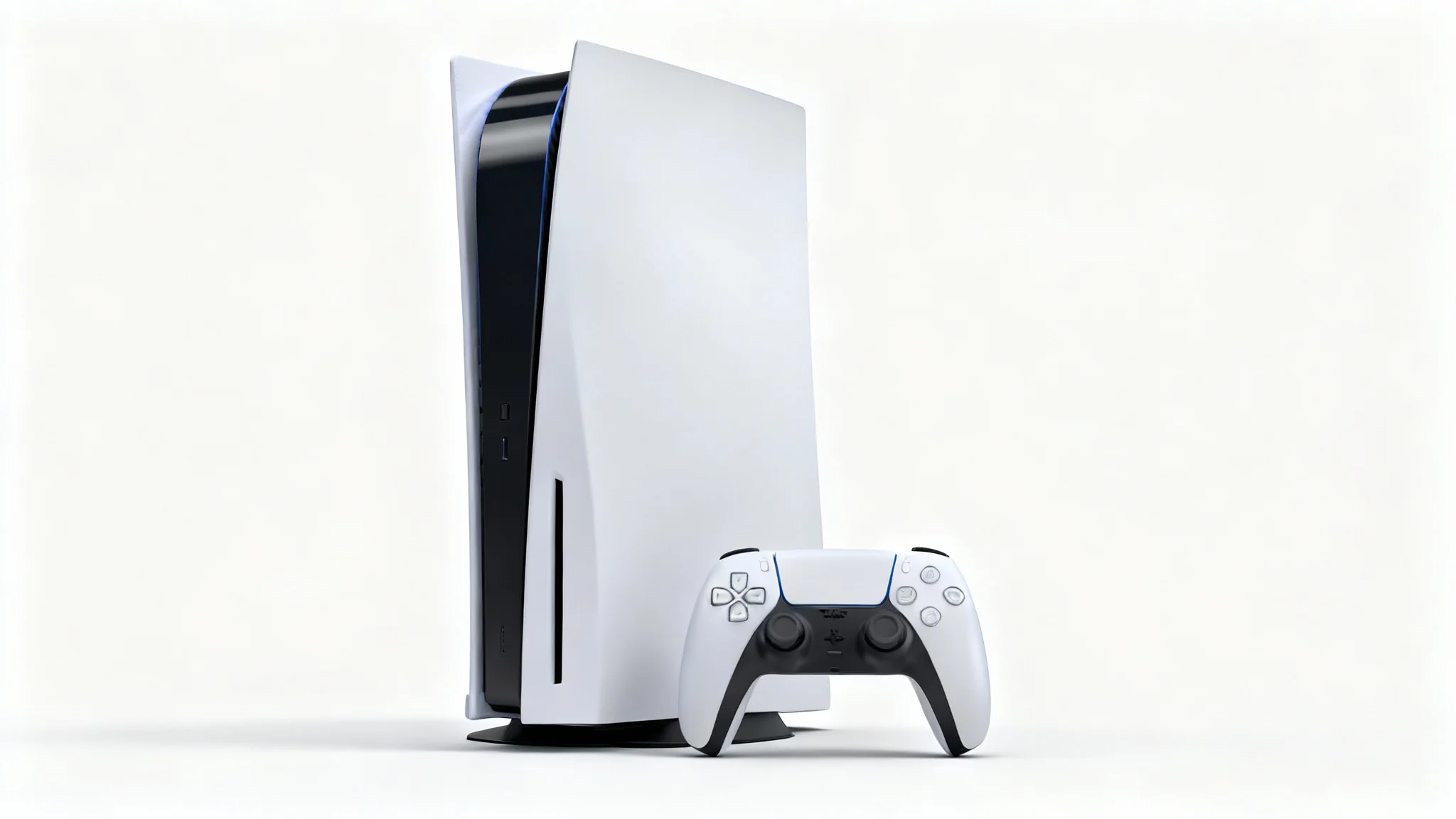 A photorealistic studio mockup of a PlayStation 5 console standing vertically next to a DualSense controller on a clean white background.