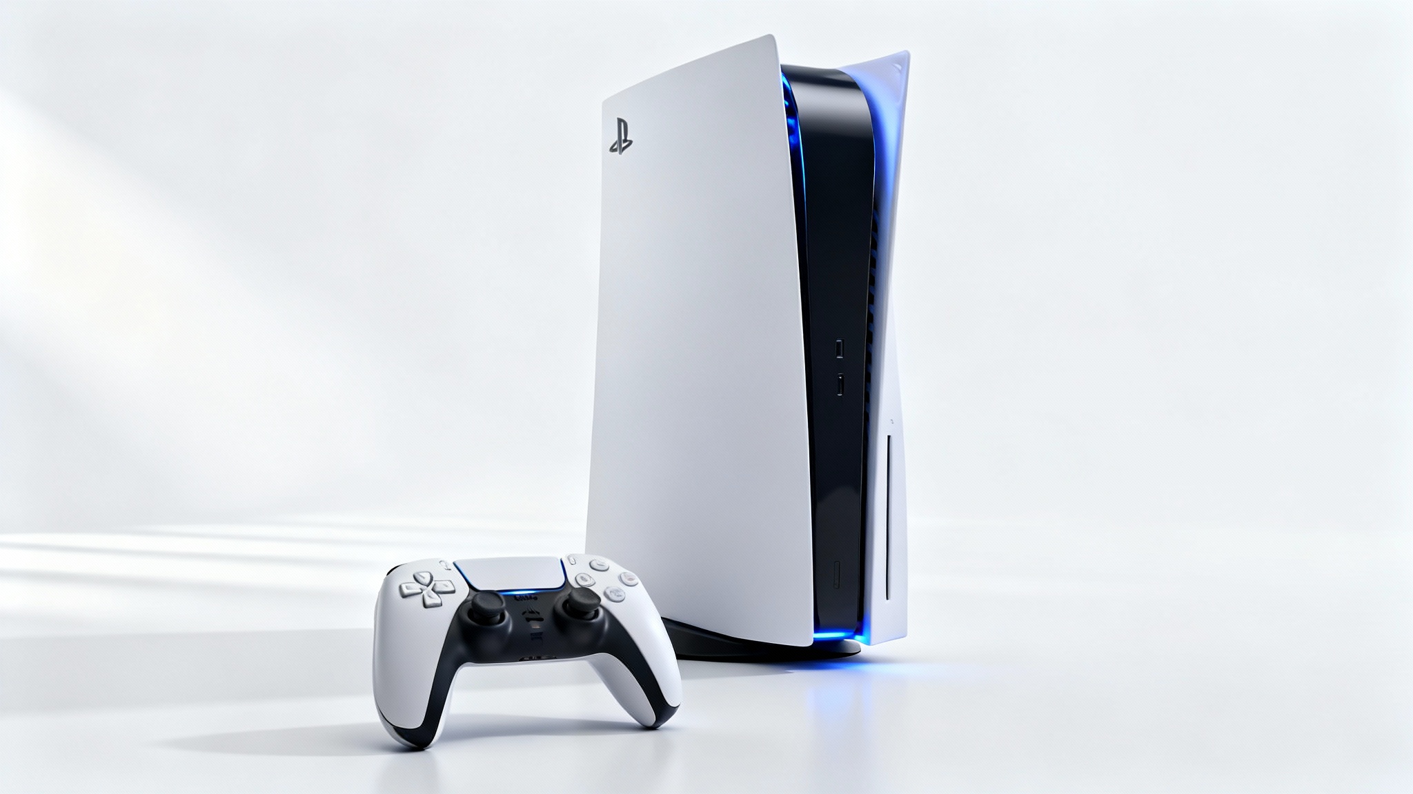 A hyper-realistic mockup of a PlayStation 5 console standing vertically next to its DualSense controller on a clean white background.