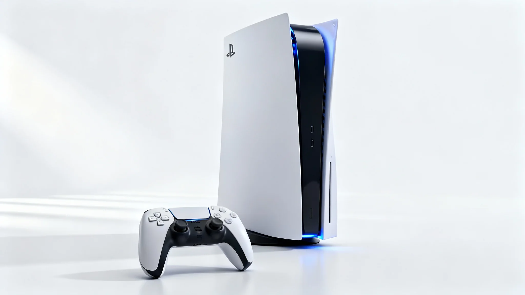 A hyper-realistic mockup of a PlayStation 5 console standing vertically next to its DualSense controller on a clean white background.