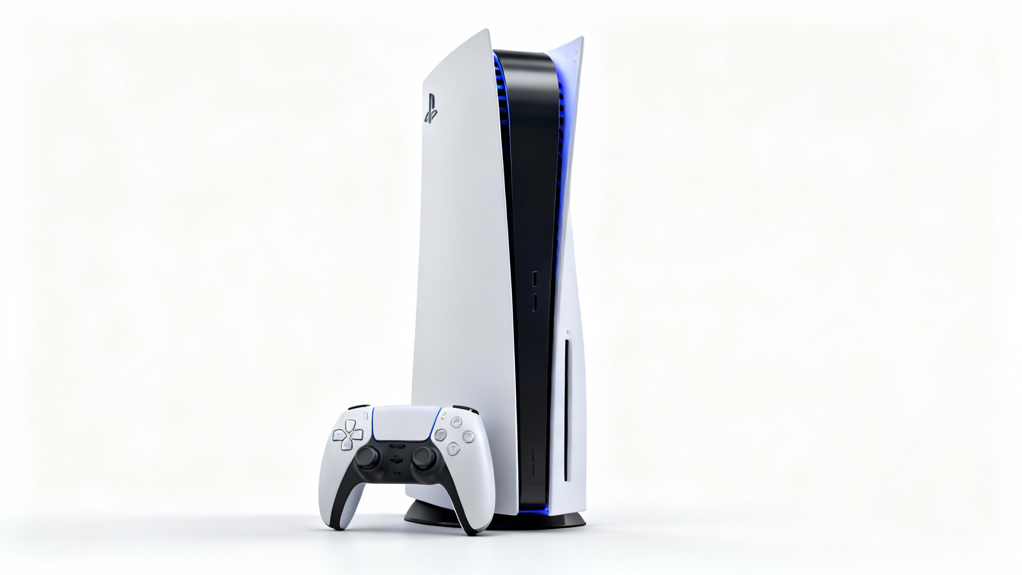 A photorealistic product mockup of a PlayStation 5 console standing vertically with a DualSense wireless controller in front of it, set against a plain white background.