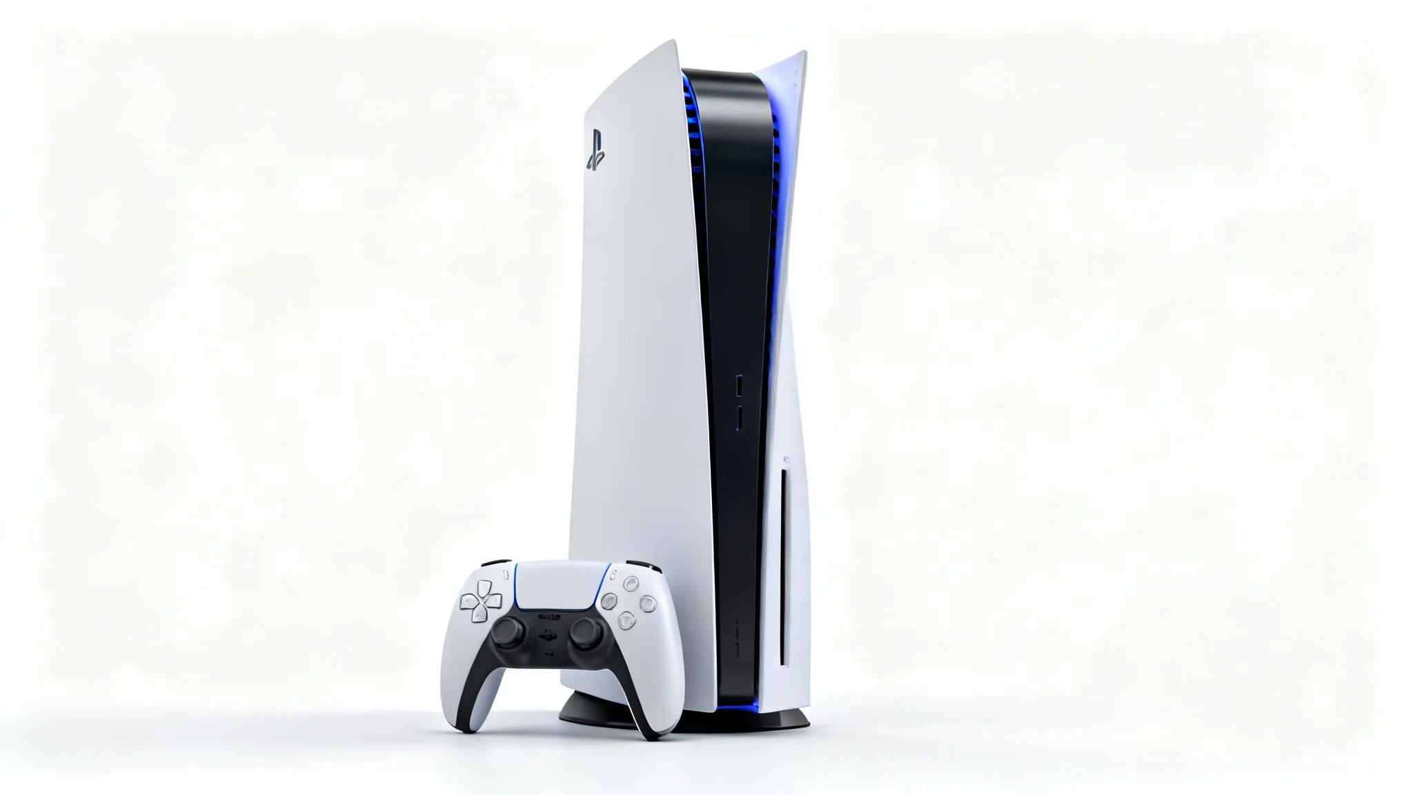 A photorealistic product mockup of a PlayStation 5 console standing vertically with a DualSense wireless controller in front of it, set against a plain white background.