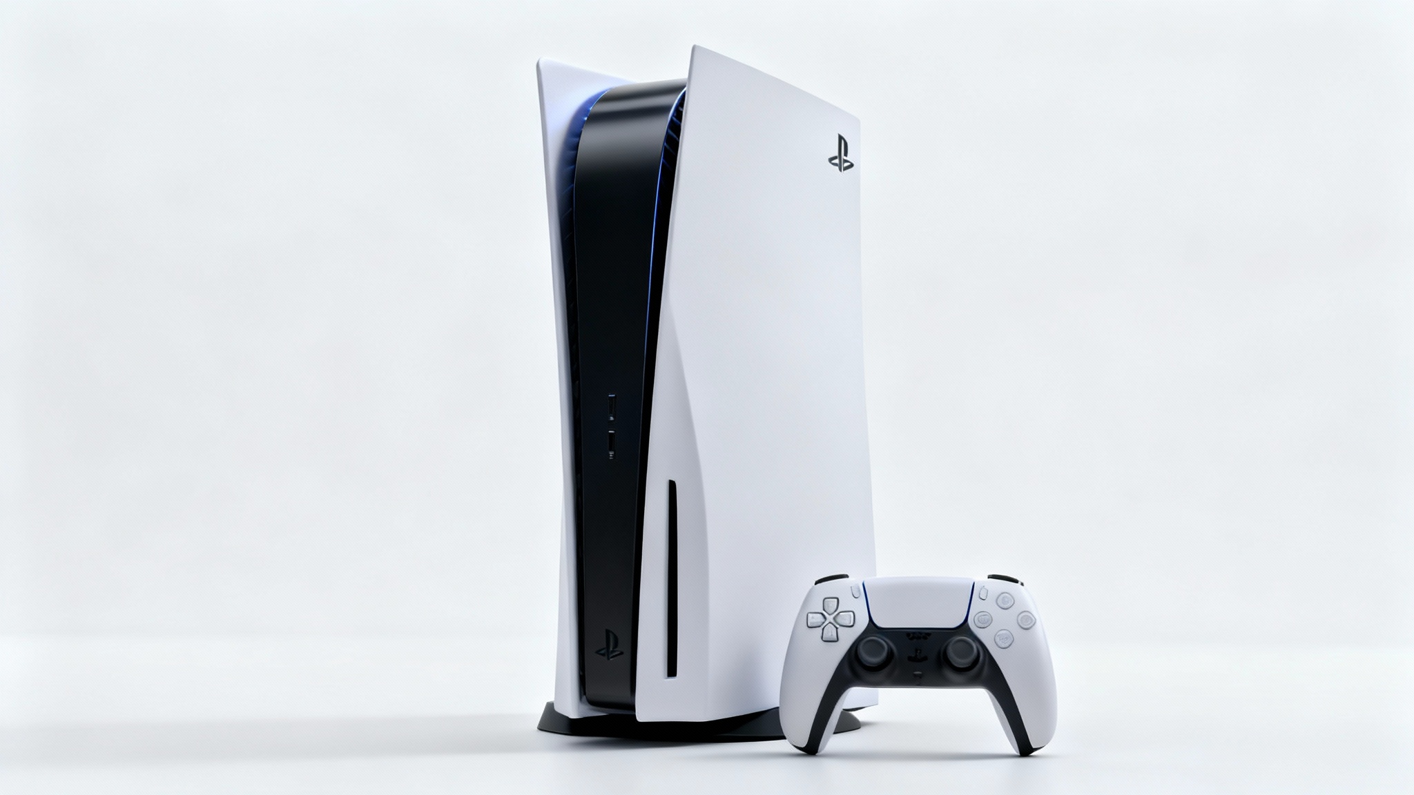 A high-quality product mockup of a PlayStation 5 console standing vertically next to its DualSense controller on a clean white background.