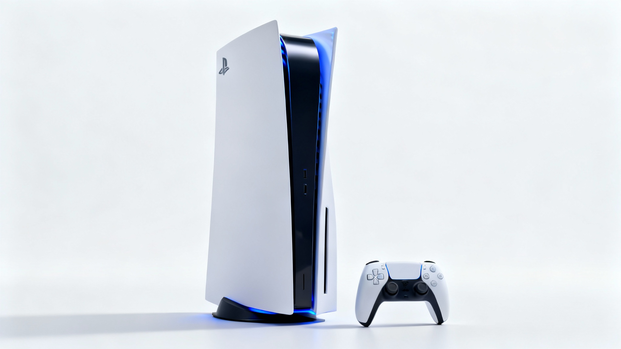 A photorealistic mockup of a PlayStation 5 console and a DualSense controller standing on a clean white background, highlighting its sleek and modern design.