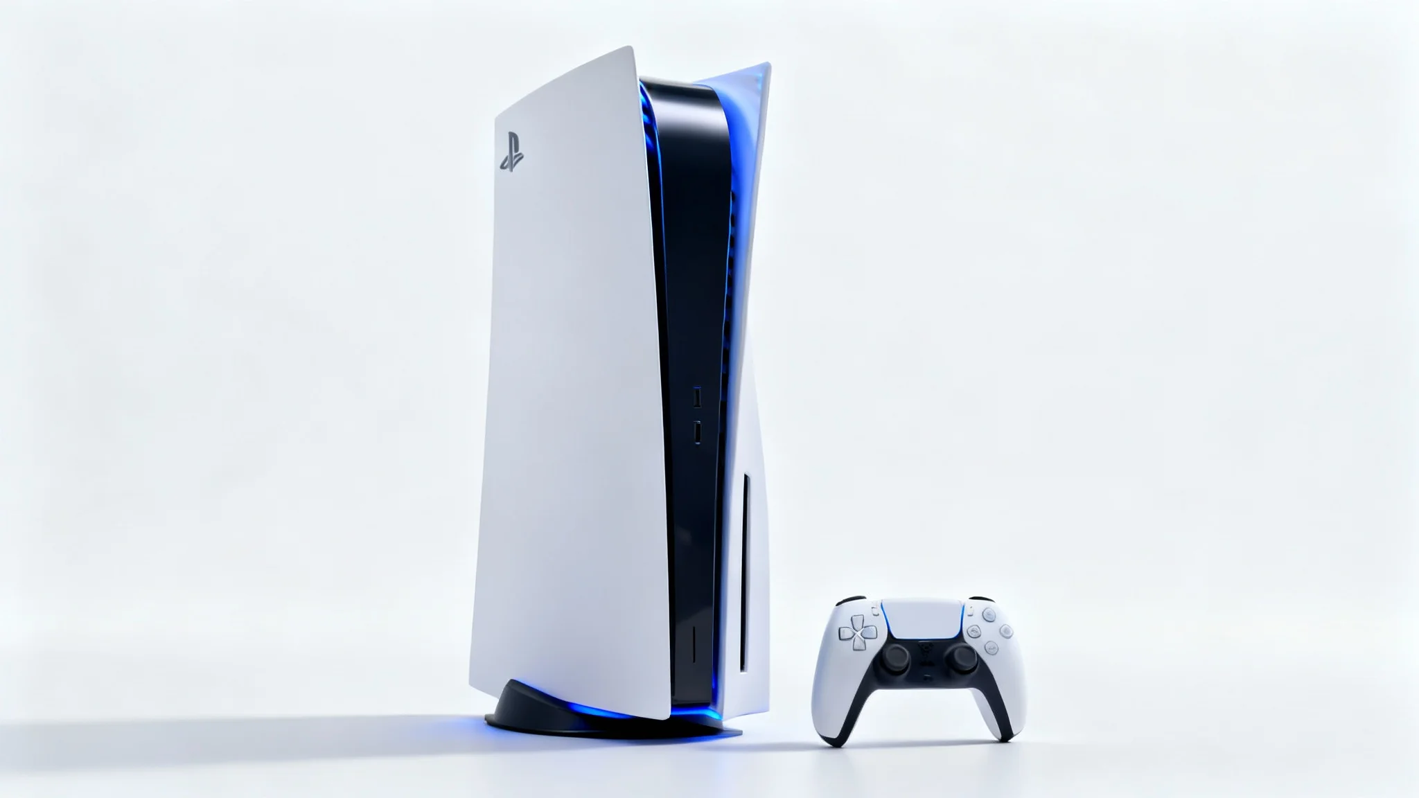 A photorealistic mockup of a PlayStation 5 console and a DualSense controller standing on a clean white background, highlighting its sleek and modern design.