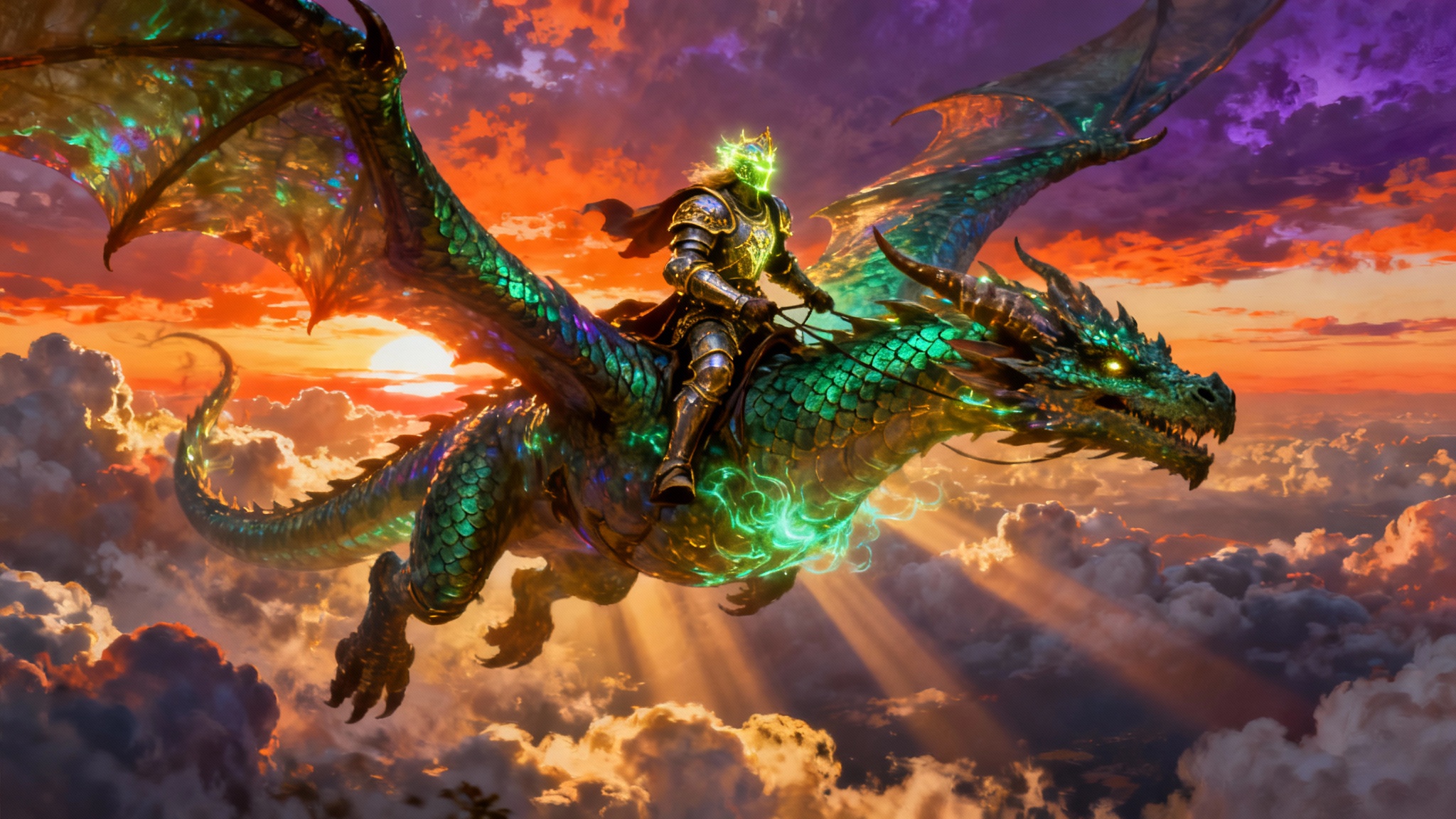 A hyperrealistic digital painting of a knight in glowing armor riding a giant emerald dragon through a dramatic sunset sky, demonstrating the final output of the dragon rider art generator.