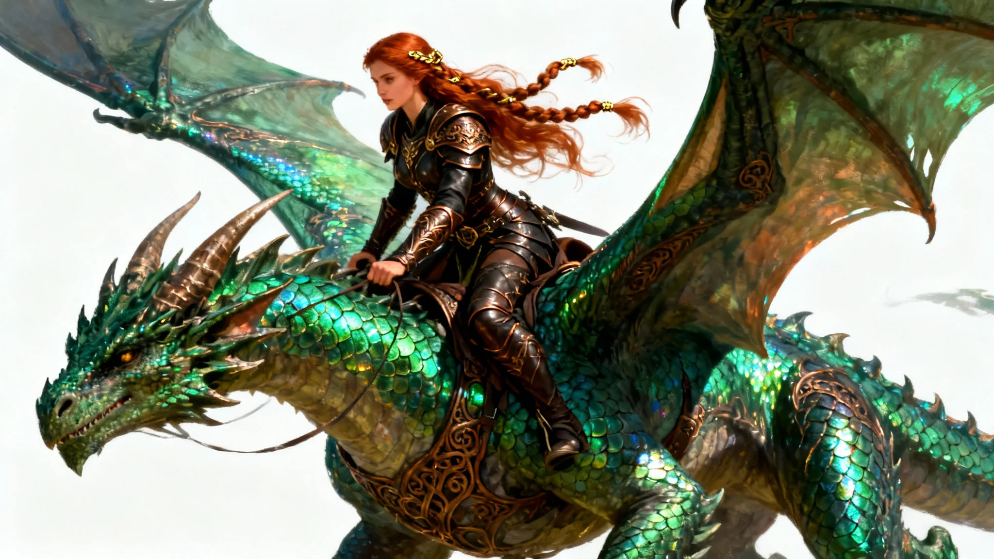 A majestic female warrior with auburn hair rides a powerful, emerald green dragon, depicted in a detailed fantasy art style against a clean white background.