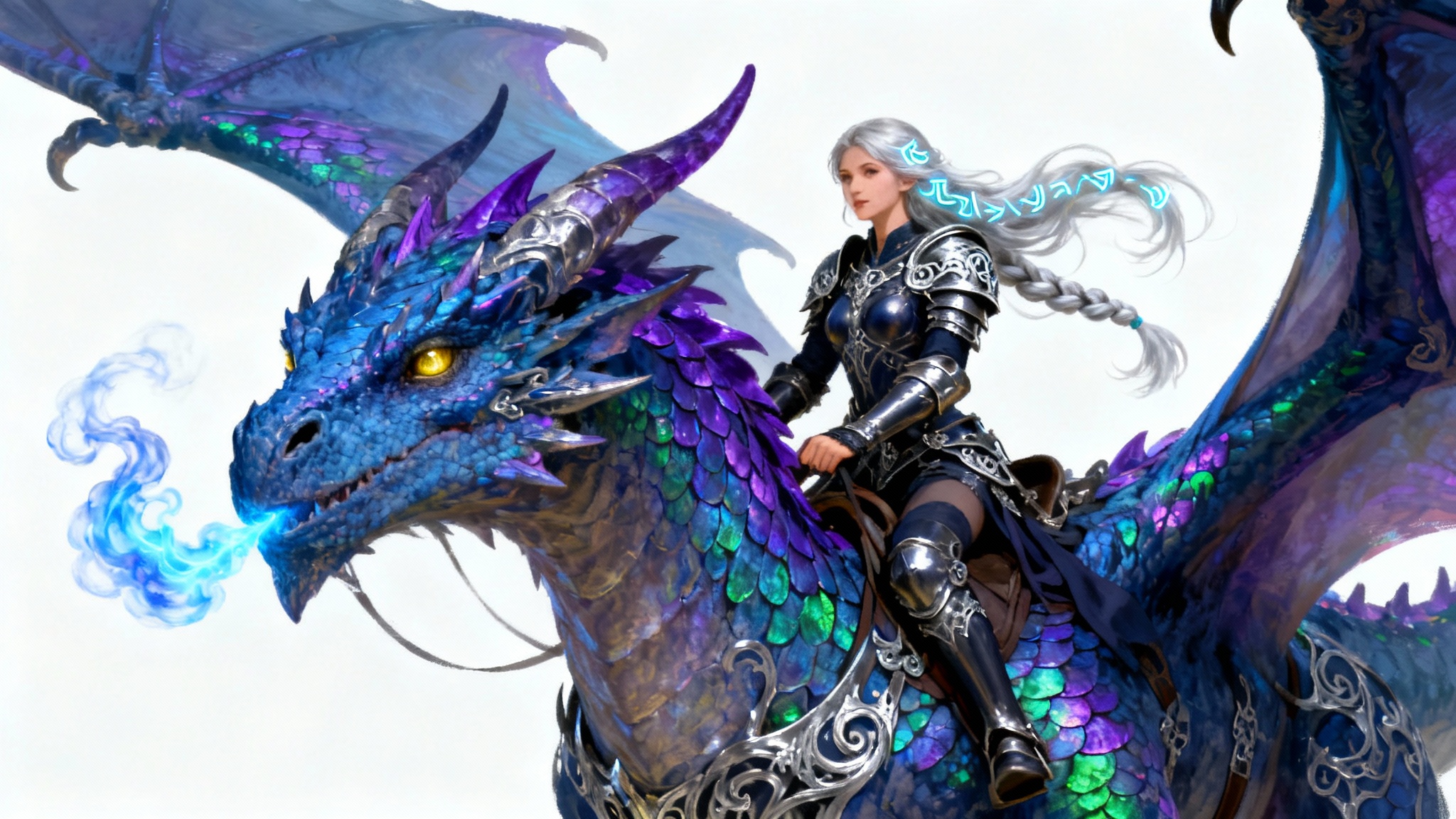 An epic fantasy artwork of a female warrior with silver hair riding a magnificent, large blue dragon against a plain white background.