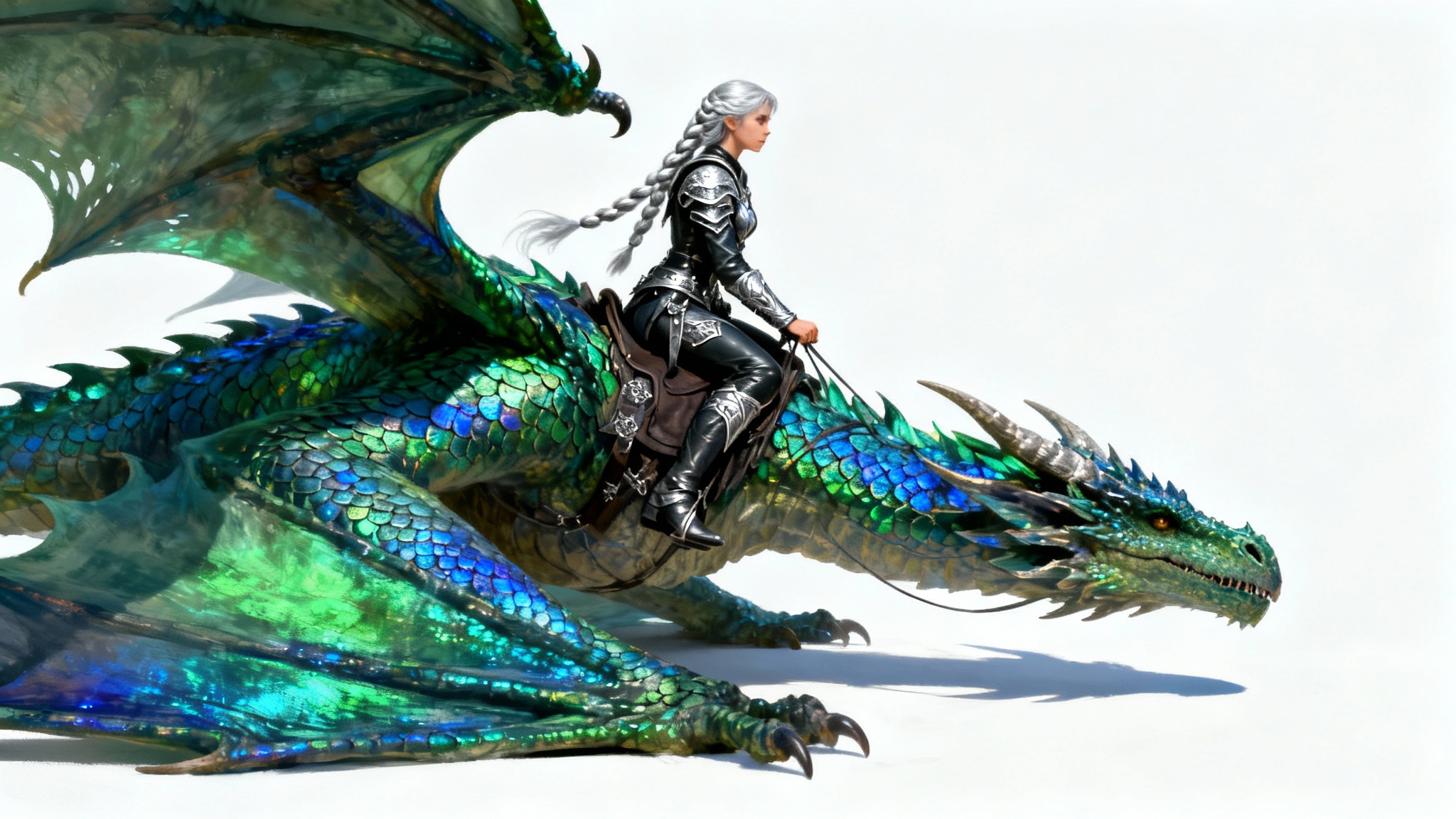 An epic fantasy illustration of a female dragon rider on her majestic dragon with iridescent green and blue scales, set against a clean white background.