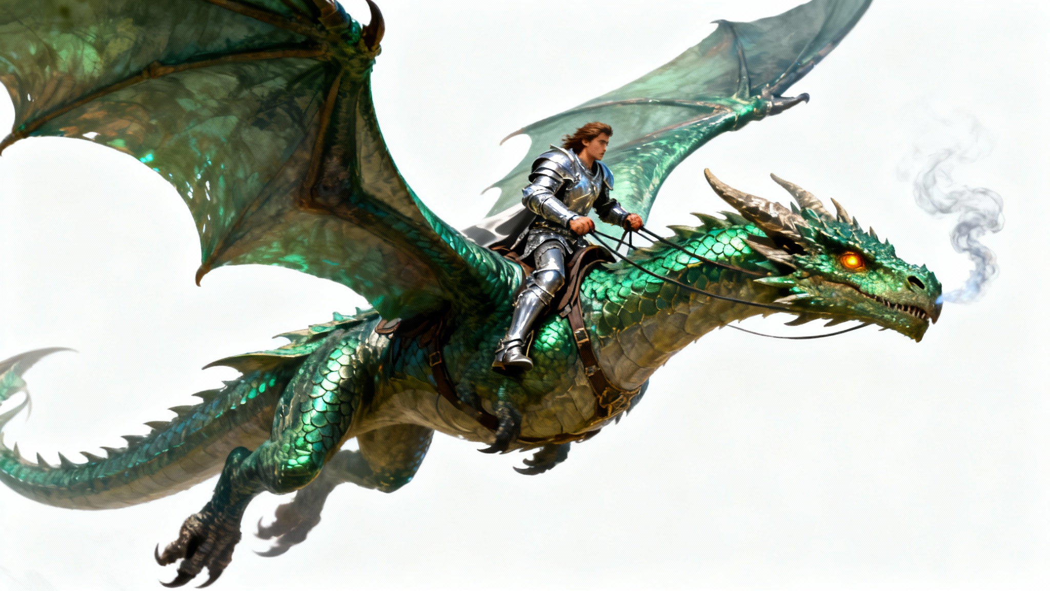 A highly detailed fantasy illustration of a warrior in silver armor riding a large, emerald green dragon in mid-flight, set against a plain white background.