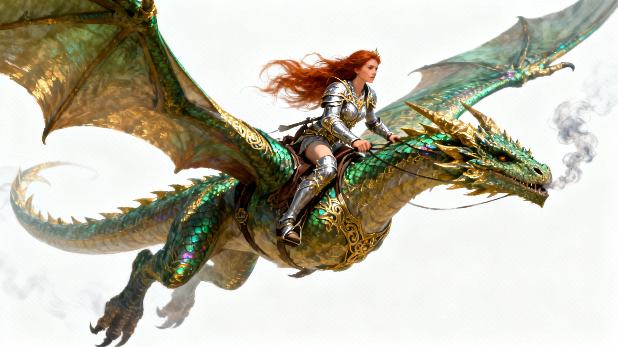 A digital painting of a female warrior with auburn hair and ornate silver armor riding a massive, soaring green and gold dragon against a plain white background.