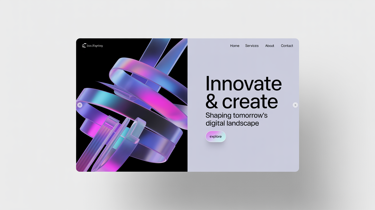 A mockup of a modern, high-tech website header with abstract blue and magenta shapes and the headline 'Innovate & Create' against a white background.