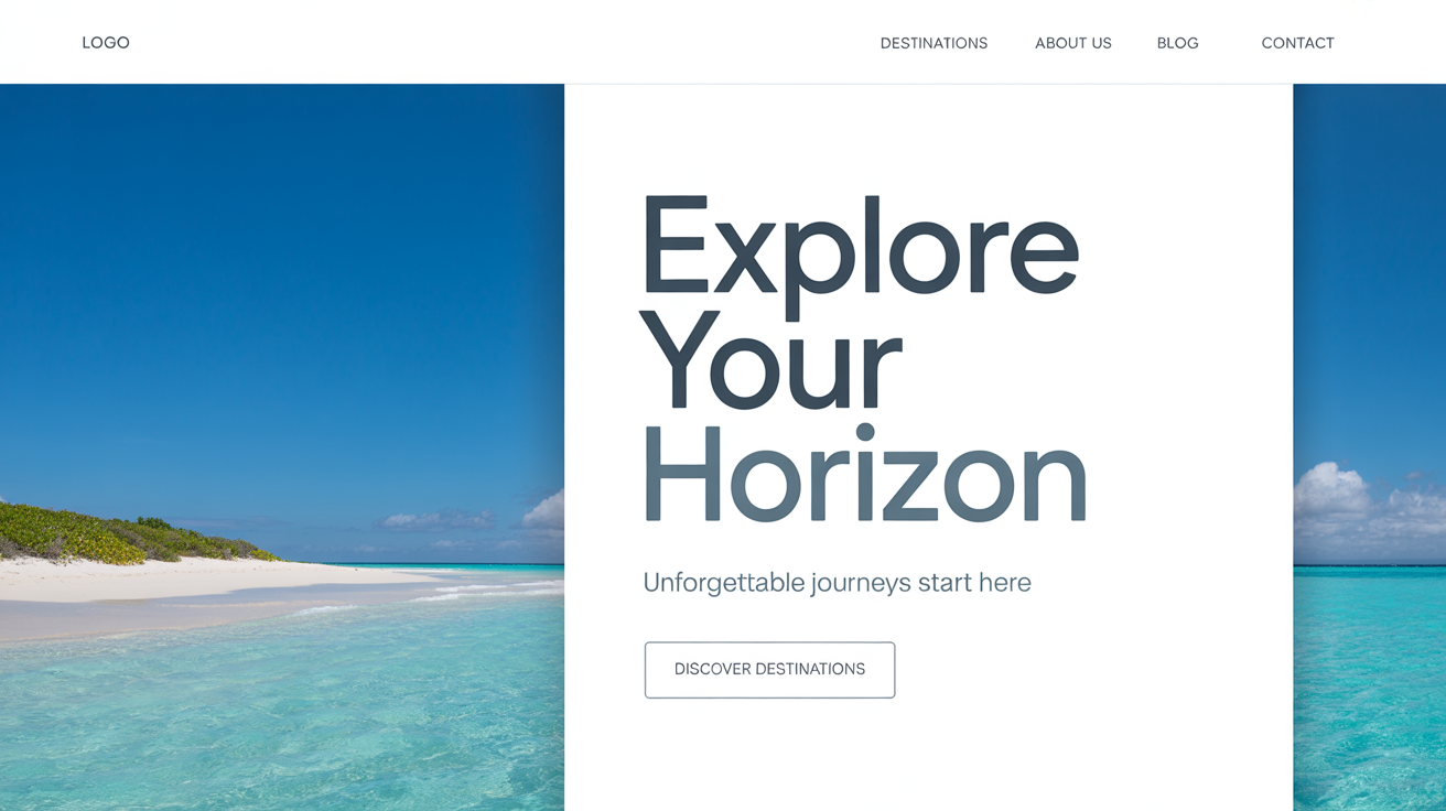A modern website header mockup for a travel company, featuring a beautiful beach photo on the left and the headline 'Explore Your Horizon' on the right.