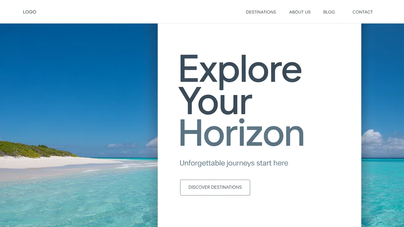 A modern website header mockup for a travel company, featuring a beautiful beach photo on the left and the headline 'Explore Your Horizon' on the right.