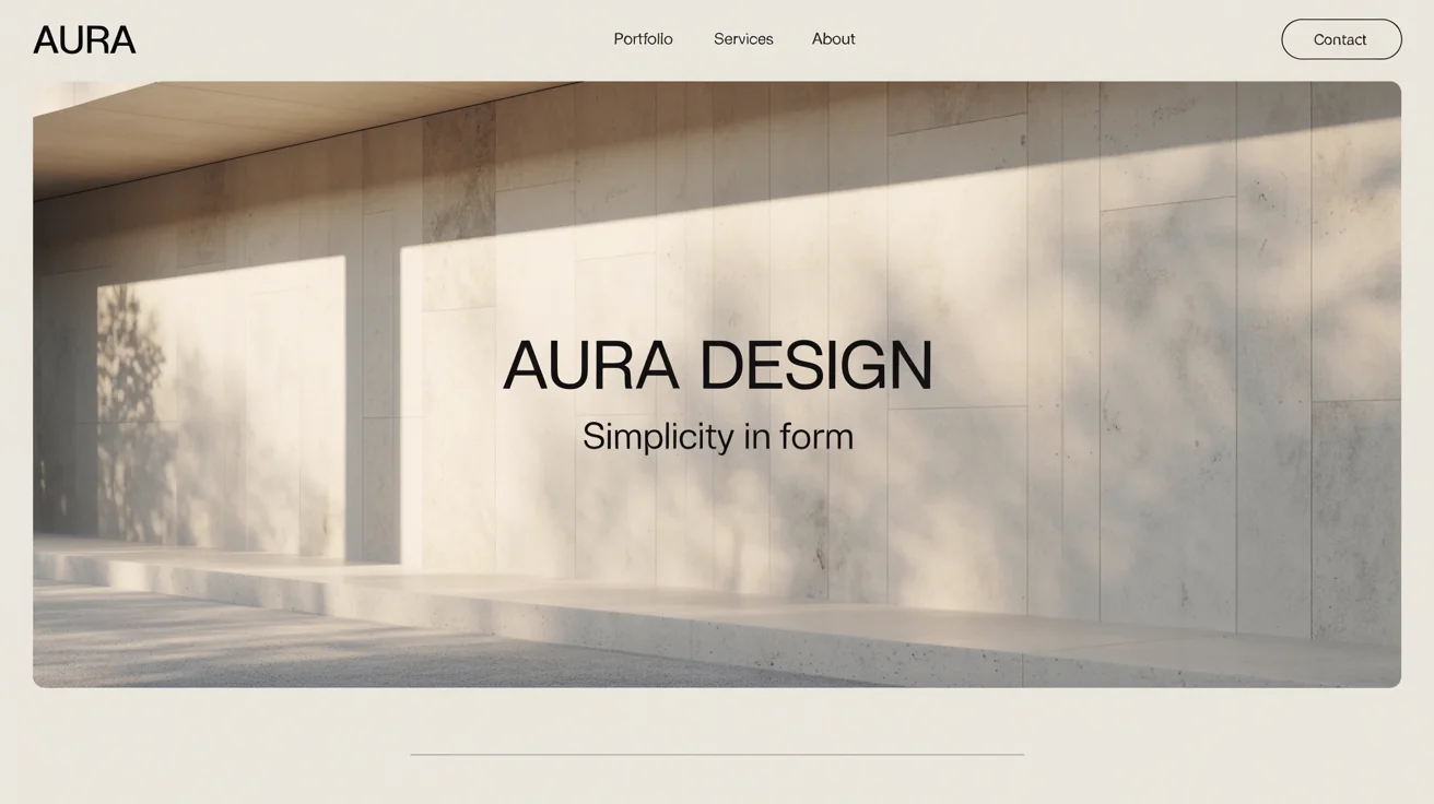 A modern website header design mockup for 'AURA DESIGN', showing a textured white wall with soft light and shadows, embodying a minimalist and sophisticated aesthetic.