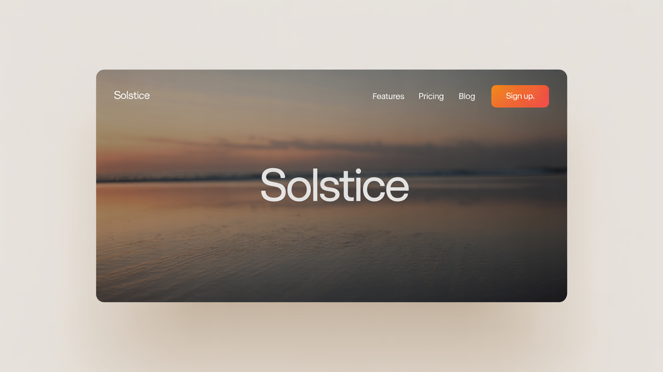 A mockup of a modern website header for a fictional brand named 'Solstice', featuring a beach sunset photo and navigation links, on a white background.