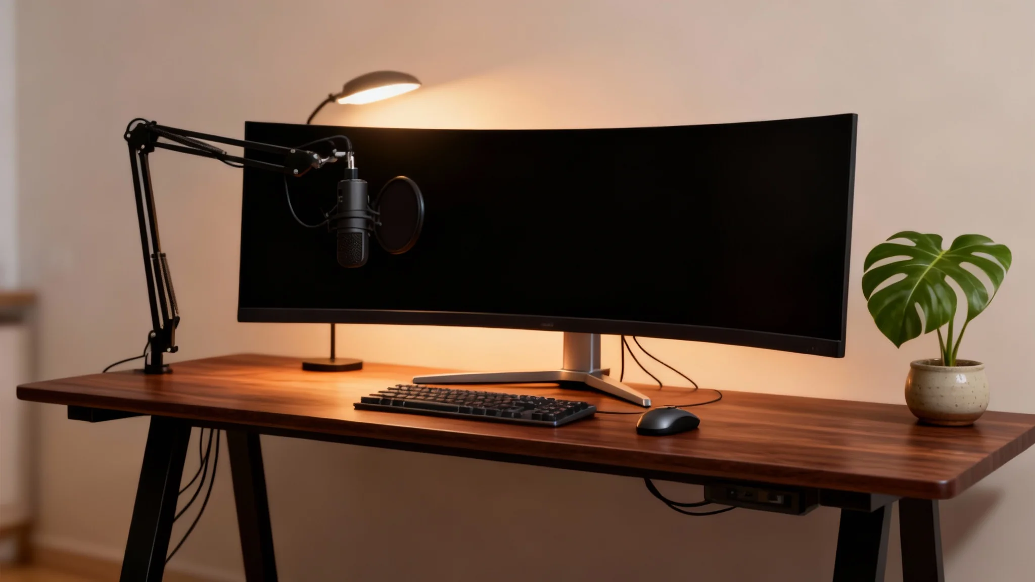 A photorealistic render of a modern, organized desk setup featuring a dark walnut desk, an ultra-wide monitor, and warm ambient lighting in a stylish home office.