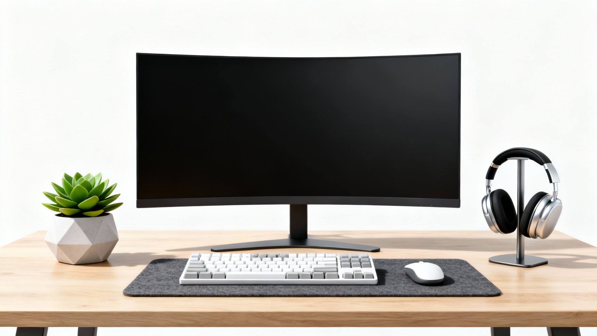 A photorealistic mockup of a modern, organized desk setup against a white background, featuring a large monitor, keyboard, mouse, and other stylish accessories.