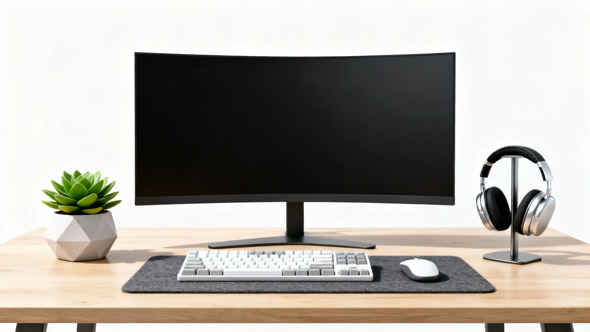 A photorealistic mockup of a modern, organized desk setup against a white background, featuring a large monitor, keyboard, mouse, and other stylish accessories.