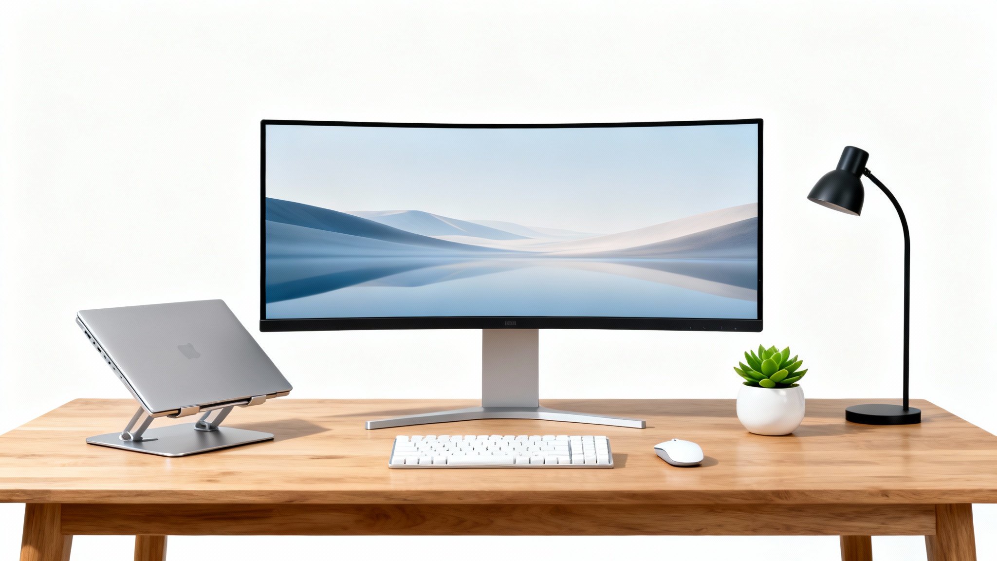A photorealistic mockup of a modern desk setup featuring a wooden desk, an ultrawide monitor, a laptop, a keyboard, a mouse, and a small plant against a clean white background.