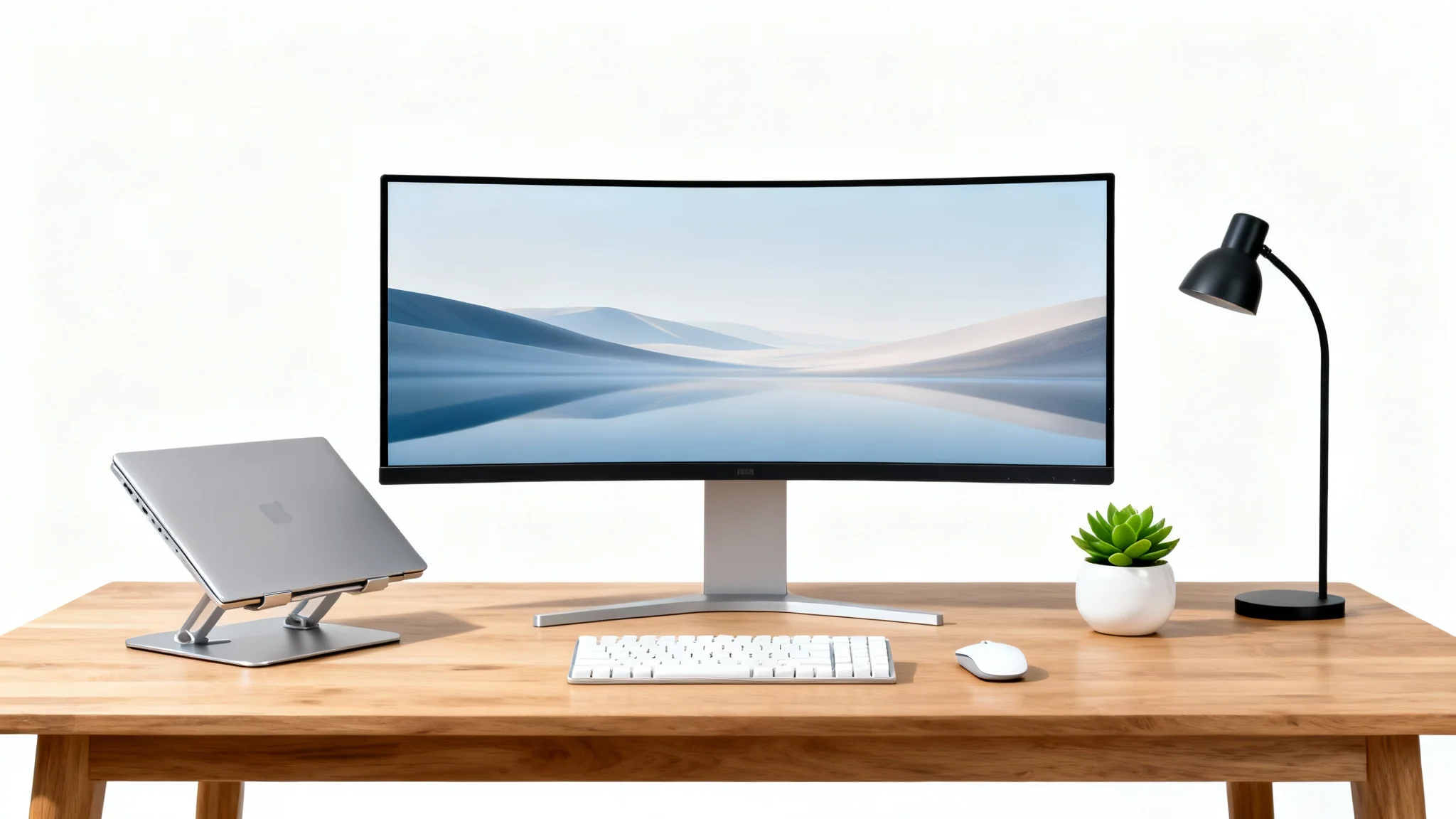 A photorealistic mockup of a modern desk setup featuring a wooden desk, an ultrawide monitor, a laptop, a keyboard, a mouse, and a small plant against a clean white background.