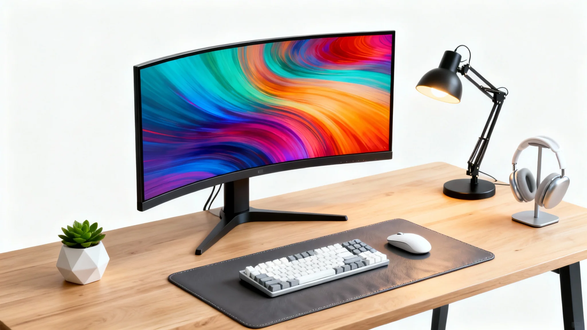 A modern, minimalist desk setup featuring a large monitor, wireless keyboard and mouse, a plant, and headphones, all neatly arranged on a wooden desk against a white background.