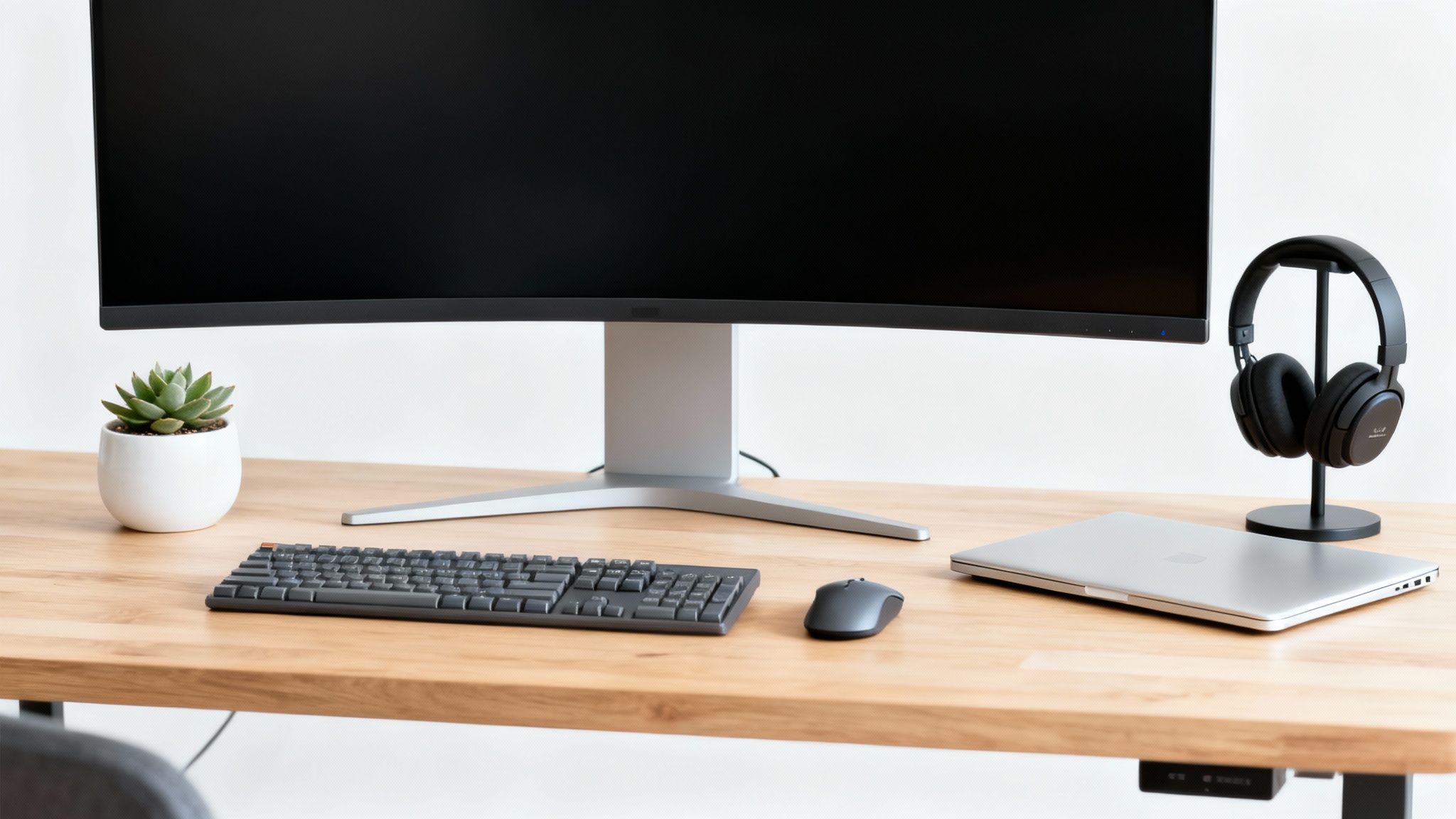 A modern and minimalist desk setup with an ultra-wide monitor, keyboard, and plant, arranged neatly on a light wood desk against a white background, visualizing a perfect workspace.
