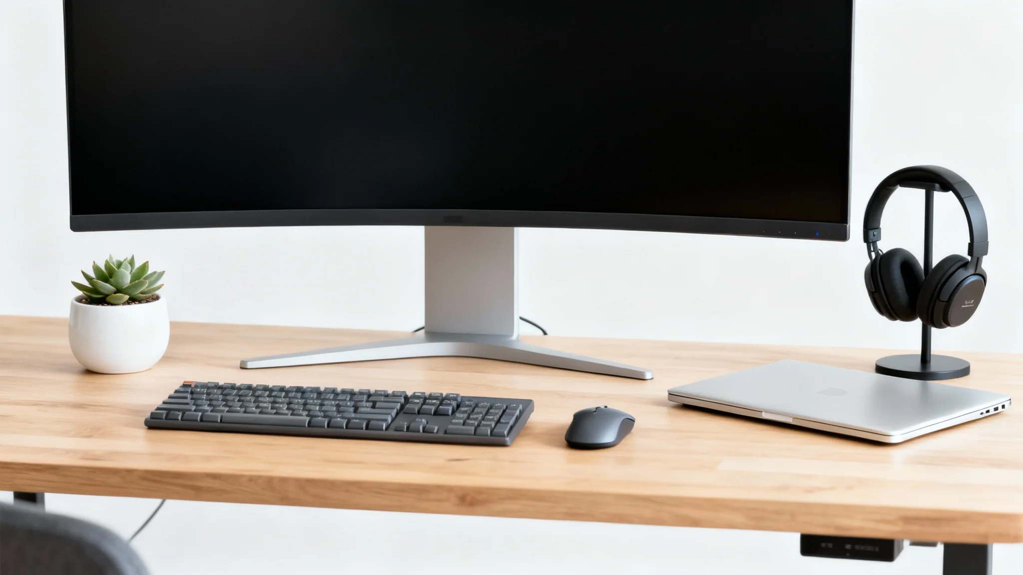 A modern and minimalist desk setup with an ultra-wide monitor, keyboard, and plant, arranged neatly on a light wood desk against a white background, visualizing a perfect workspace.