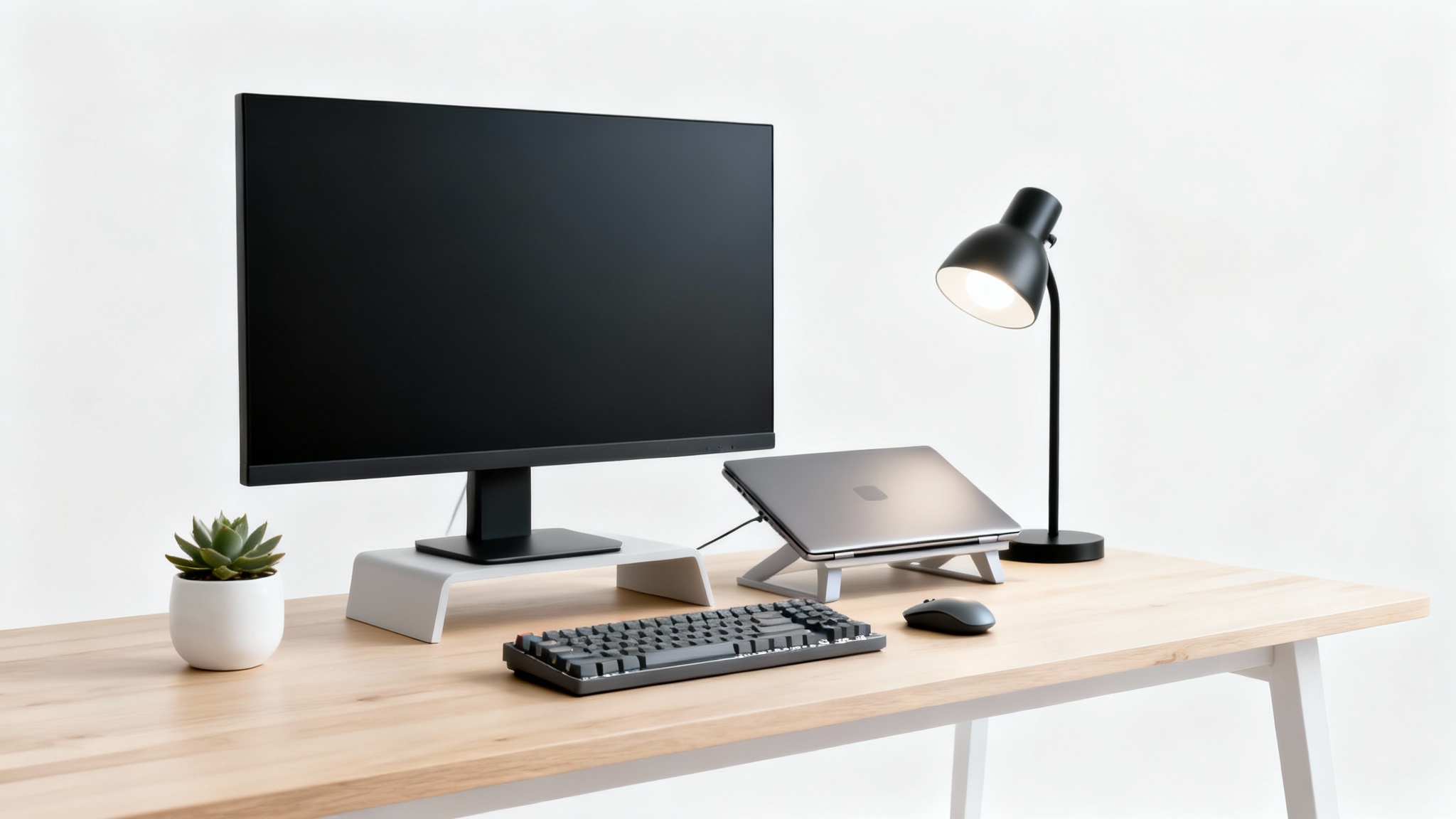 A modern and minimalist desk setup featuring a large monitor, laptop, keyboard, and a small plant, all neatly arranged on a wooden desk against a plain white background.