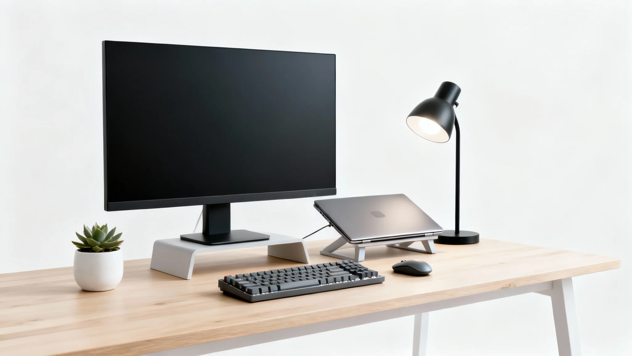 A modern and minimalist desk setup featuring a large monitor, laptop, keyboard, and a small plant, all neatly arranged on a wooden desk against a plain white background.