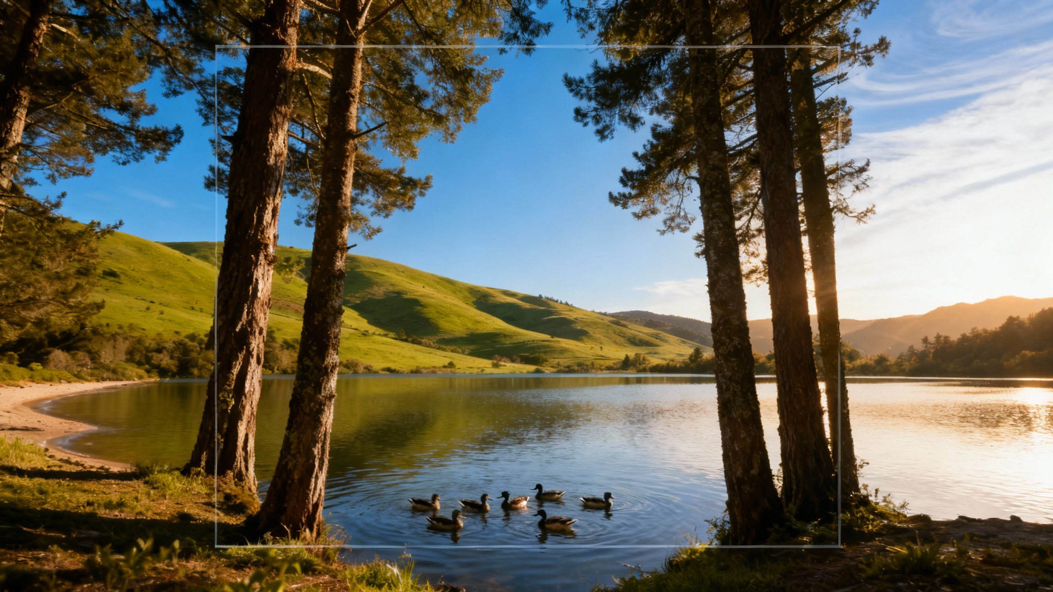 An example of an AI image extender tool's result, showing a landscape photo of a lake with ducks that has been expanded on all sides to create a wider, panoramic scene. A faint border indicates the original image dimensions.