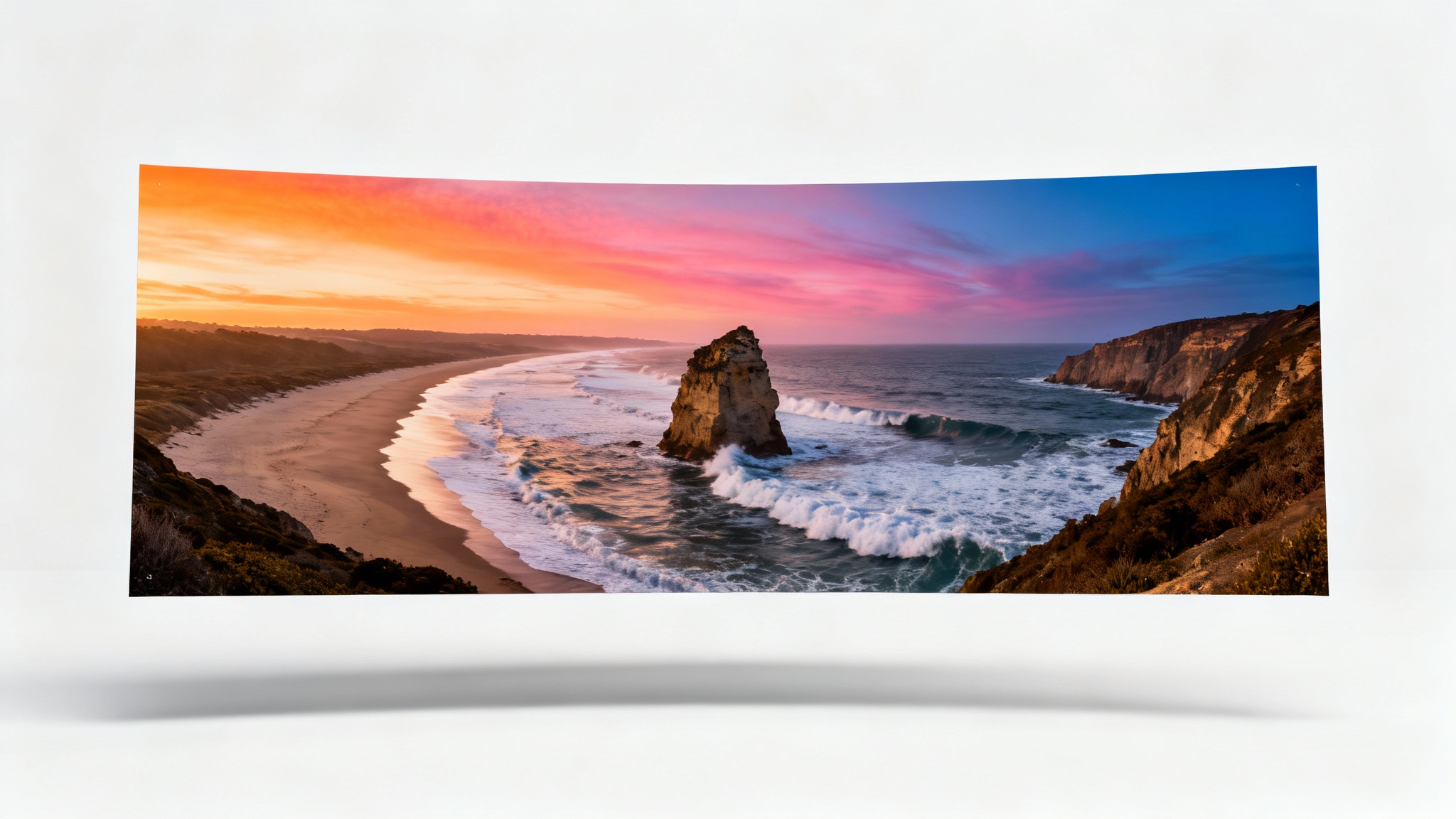 A wide panoramic image showing a central, detailed view of a sea stack at sunset, which is seamlessly extended on both sides to reveal a wider coastal landscape with beaches and cliffs, demonstrating an image extension effect.