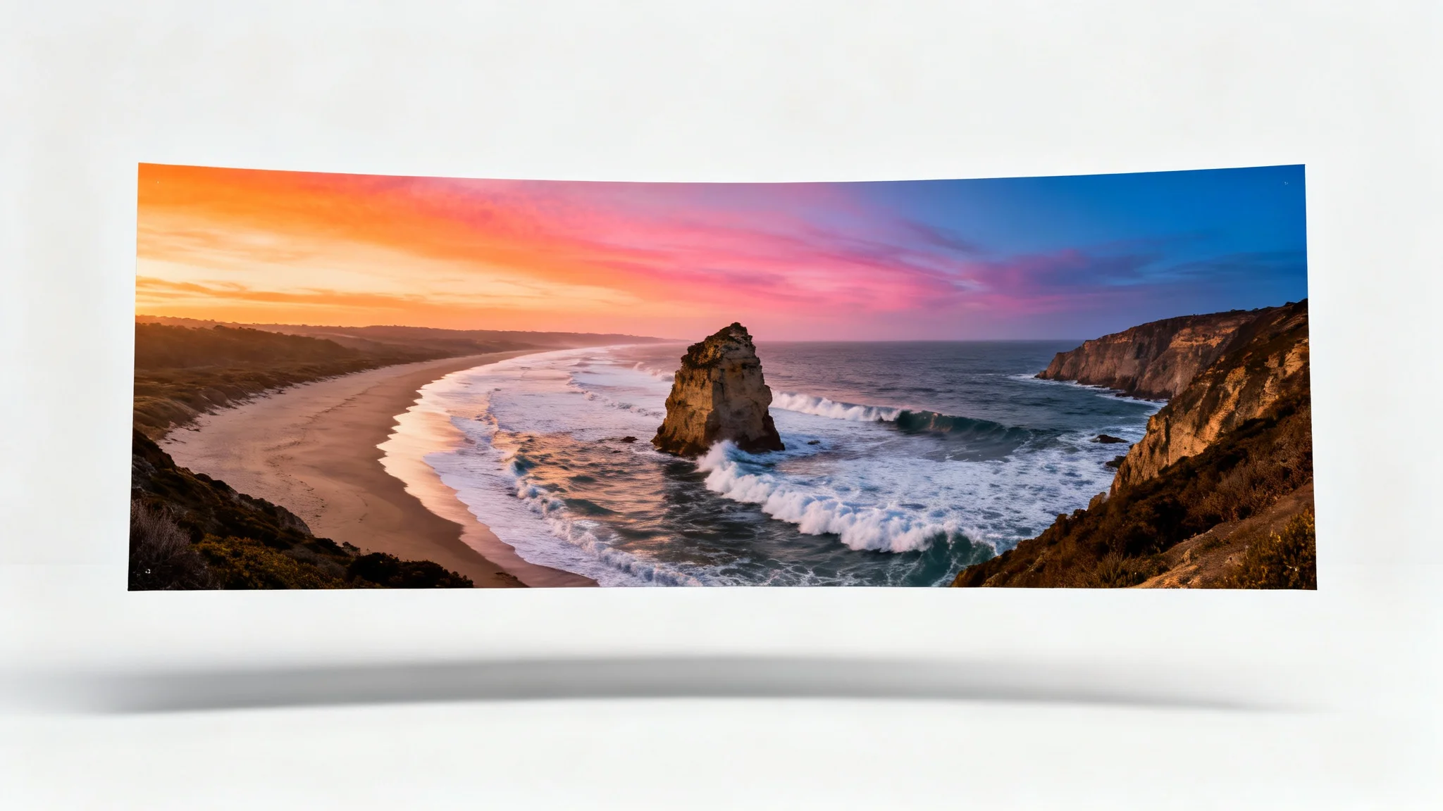 A wide panoramic image showing a central, detailed view of a sea stack at sunset, which is seamlessly extended on both sides to reveal a wider coastal landscape with beaches and cliffs, demonstrating an image extension effect.