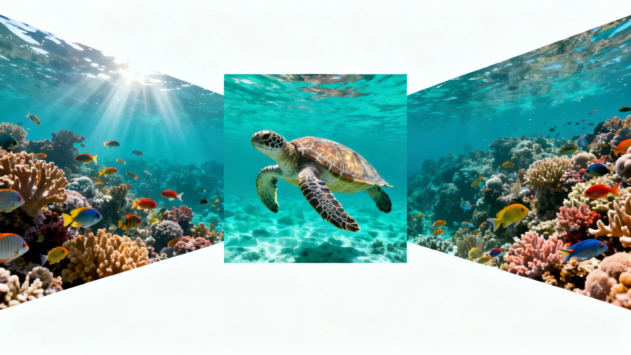 A demonstration of an image extender: a central, square close-up of a sea turtle's head seamlessly expands into a panoramic underwater photo of a vibrant coral reef.