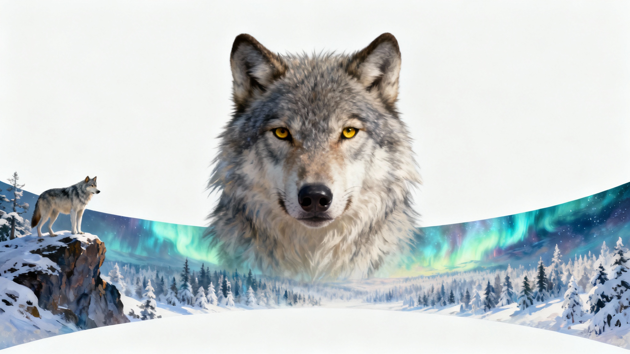 A central, highly detailed image of a wolf's head seamlessly expands into a wider landscape showing the wolf in a snowy forest under the aurora borealis, illustrating the concept of an image extender.