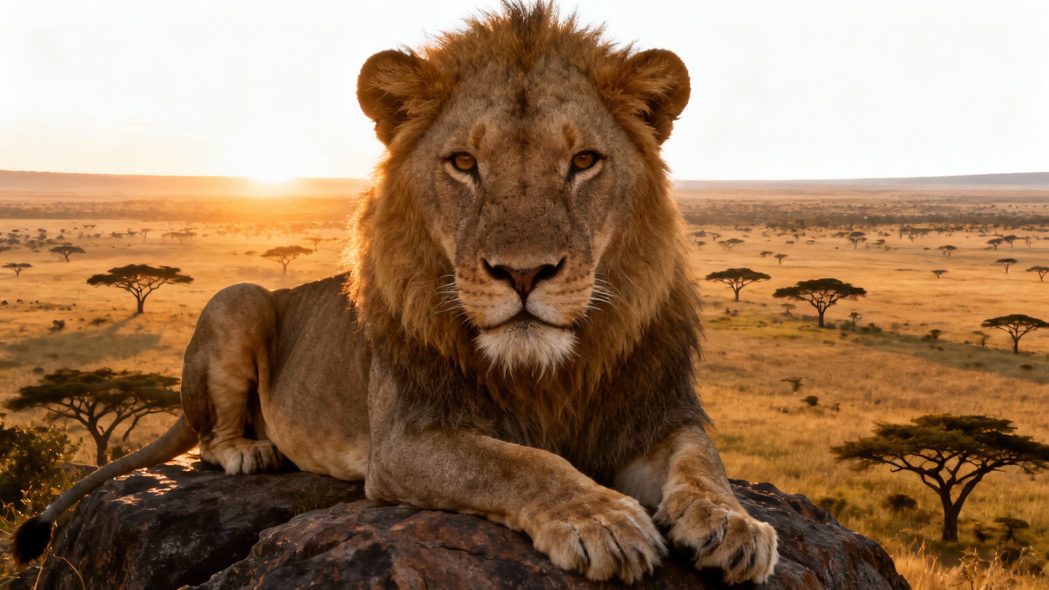 A conceptual image mockup for an image extender tool. A central, focused image of a lion's face seamlessly expands to reveal the full lion and a vast savanna landscape at sunset, all on a white background.