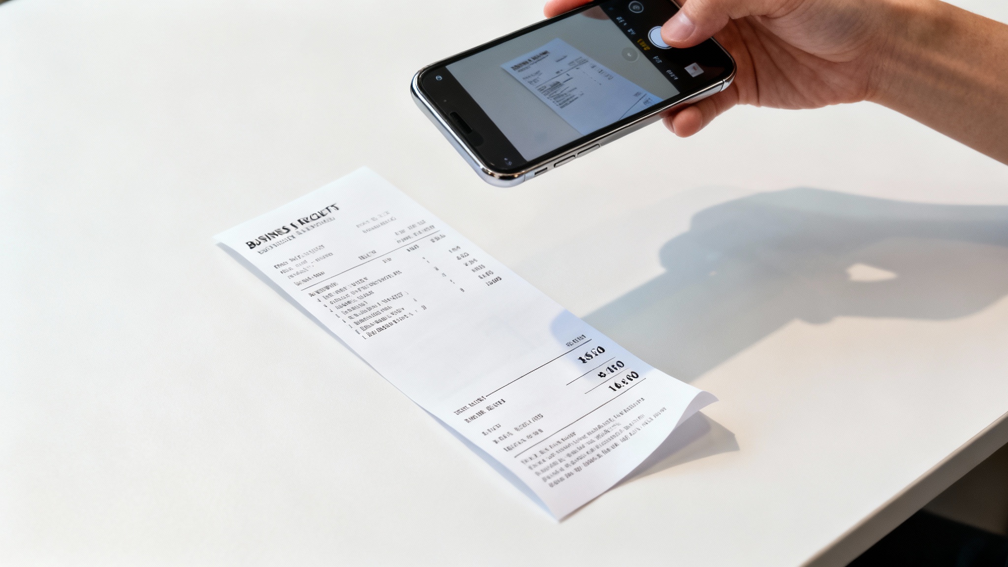 A top-down view showing a perfectly straightened business receipt on a desk, with a hand holding a smartphone above it, demonstrating a document scanning and straightening app's flawless result.