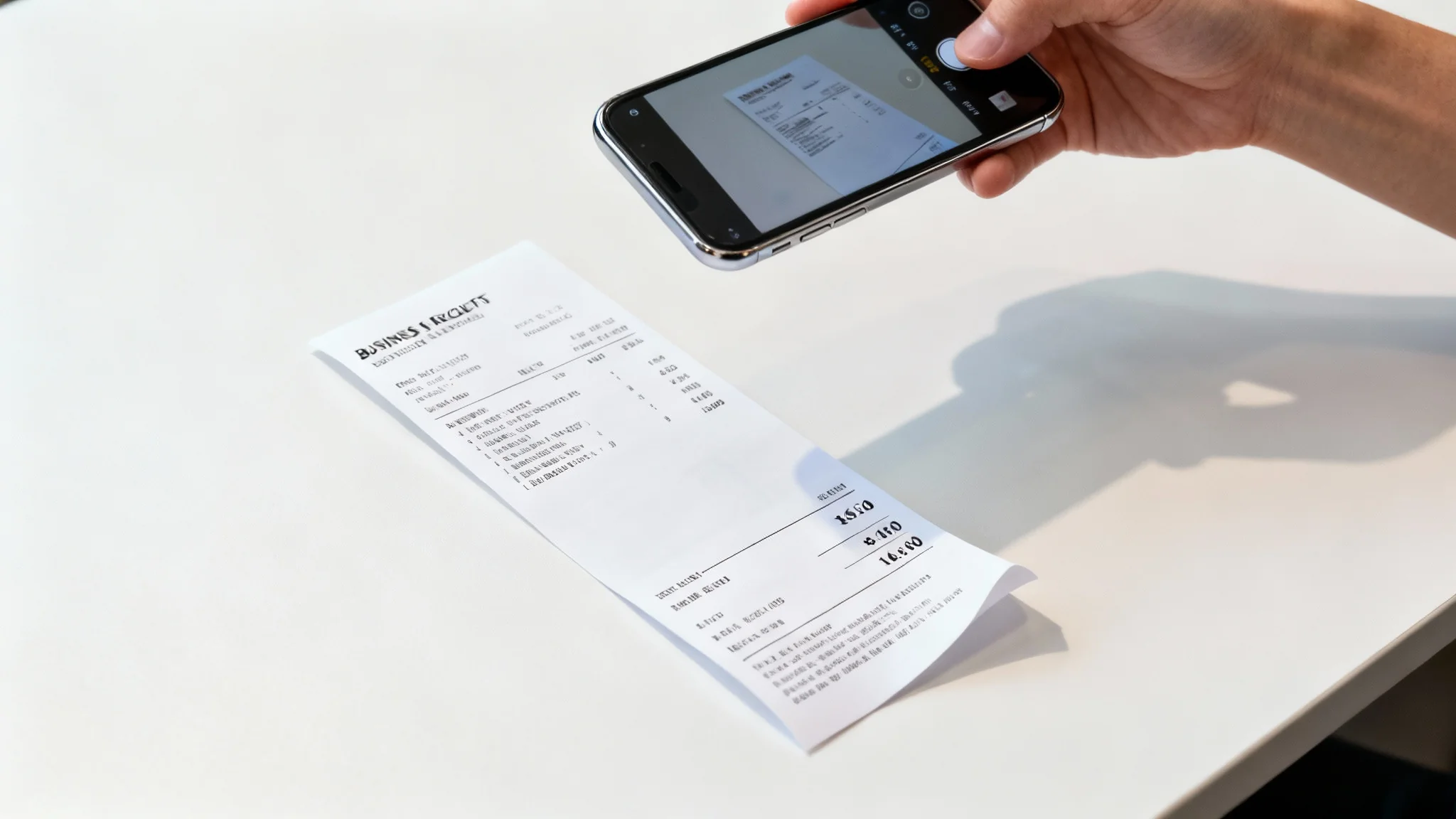 A top-down view showing a perfectly straightened business receipt on a desk, with a hand holding a smartphone above it, demonstrating a document scanning and straightening app's flawless result.