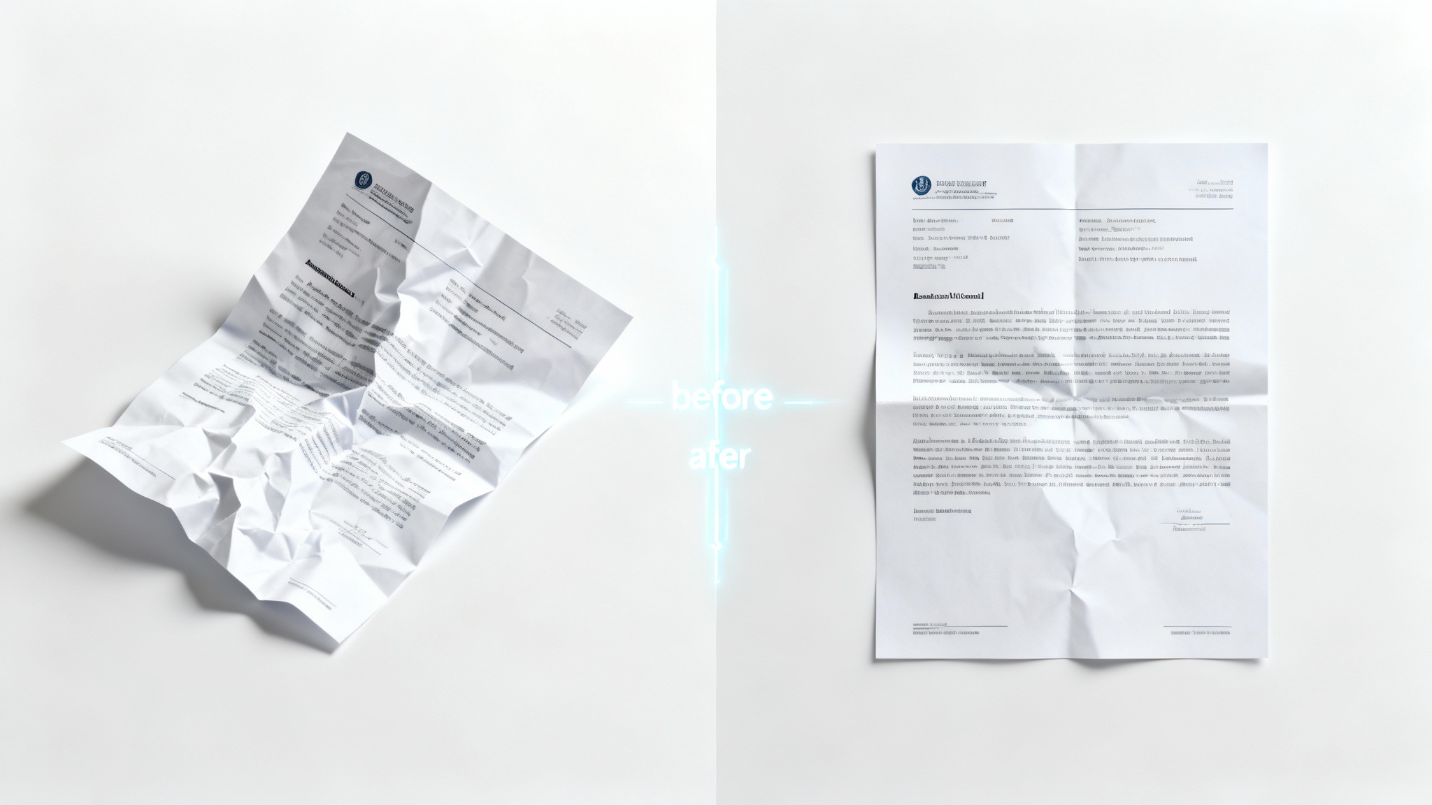 A before-and-after image demonstrating a document straightening feature. The left side shows a document that is crumpled and viewed from a skewed angle, while the right side shows the same document perfectly flat and straight.