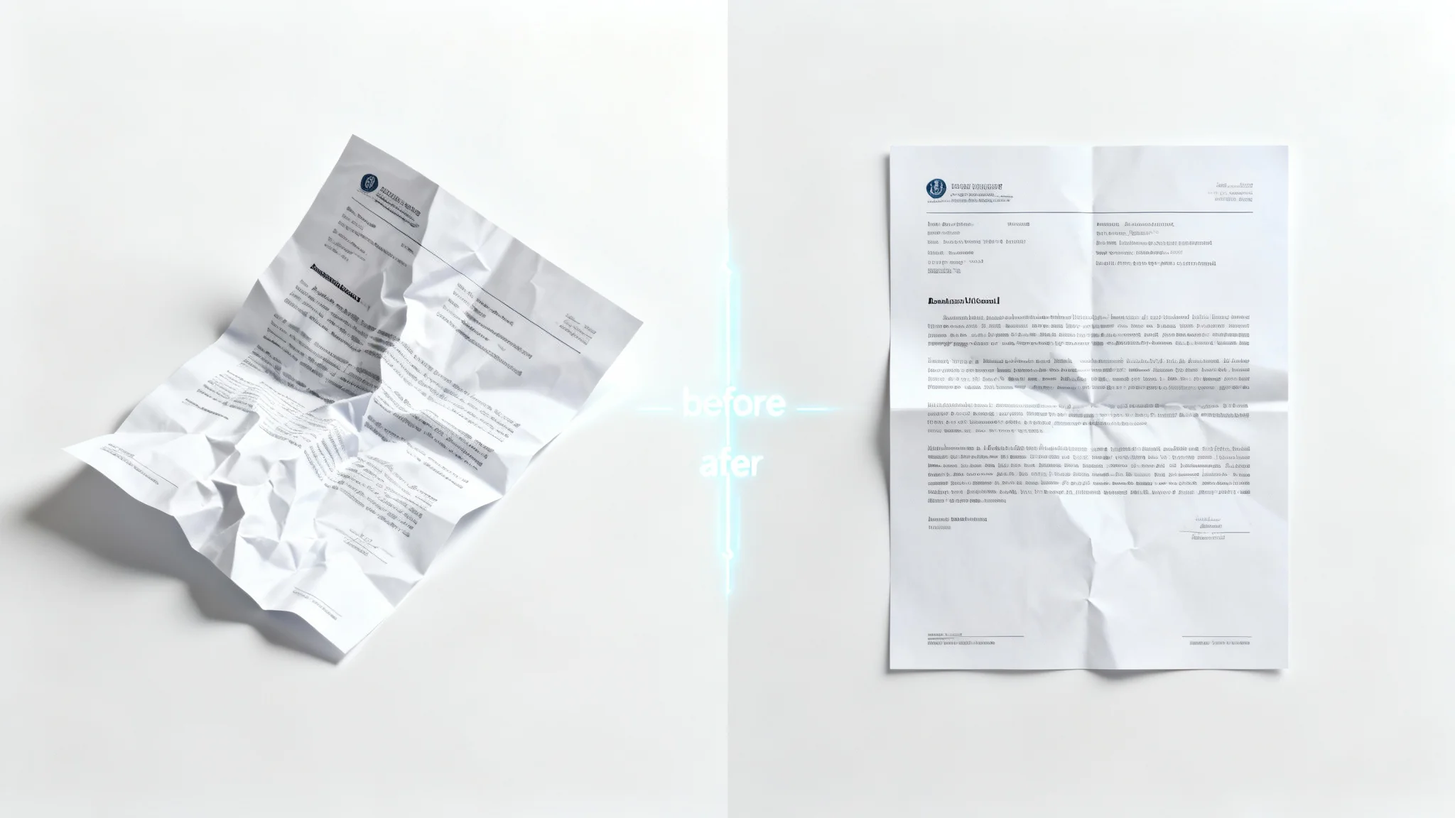A before-and-after image demonstrating a document straightening feature. The left side shows a document that is crumpled and viewed from a skewed angle, while the right side shows the same document perfectly flat and straight.